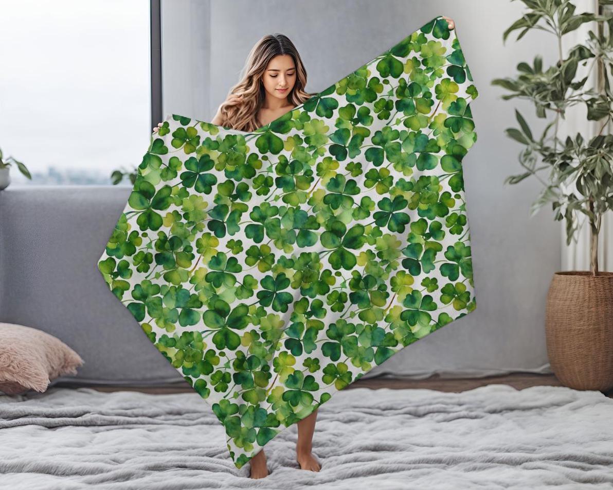 Velveteen Shamrock Plush Blanket, Watercolor Shamrocks Pattern, Cozy Throw Blanket, St Patrick's Day Decor, Two Sizes