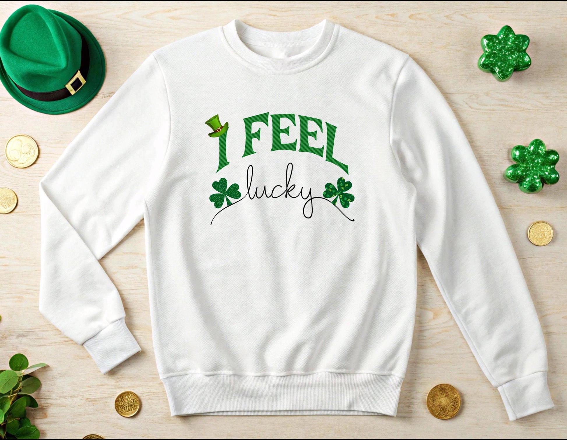 St Patrick's Day Unisex Sweatshirt, I Feel Lucky, Shamrock & Leprechaun Hat, Crewneck Jumper, Green Top, Lucky Charm, Irish Sweater
