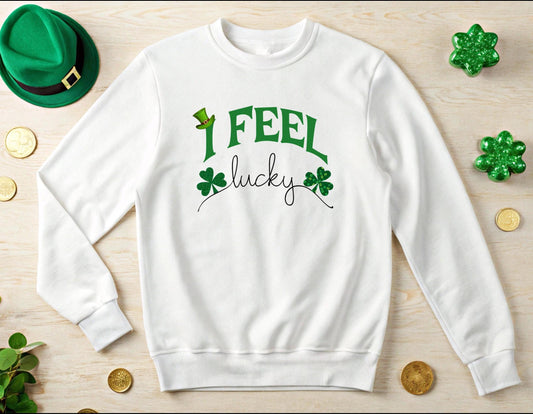 St Patrick's Day Unisex Sweatshirt, I Feel Lucky, Shamrock & Leprechaun Hat, Crewneck Jumper, Green Top, Lucky Charm, Irish Sweater
