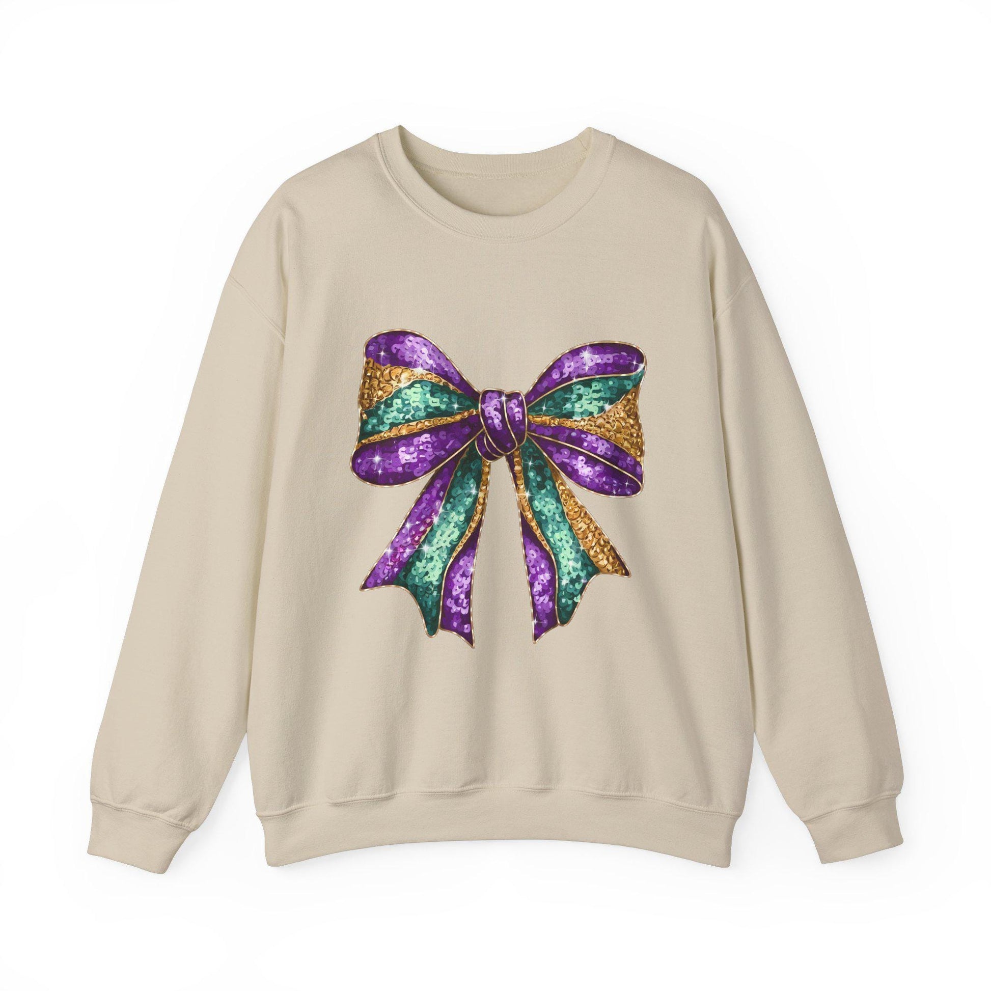 Mardi Gras Bow Sweatshirt, Gold Purple Sparkly Unisex Jumper, Festive Crewneck Pullover, Eye-catching Apparel, Carnival Clothing