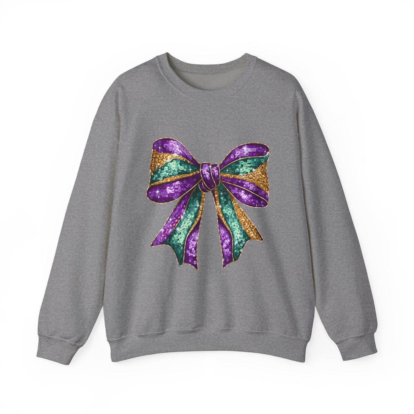 Mardi Gras Bow Sweatshirt, Gold Purple Sparkly Unisex Jumper, Festive Crewneck Pullover, Eye-catching Apparel, Carnival Clothing