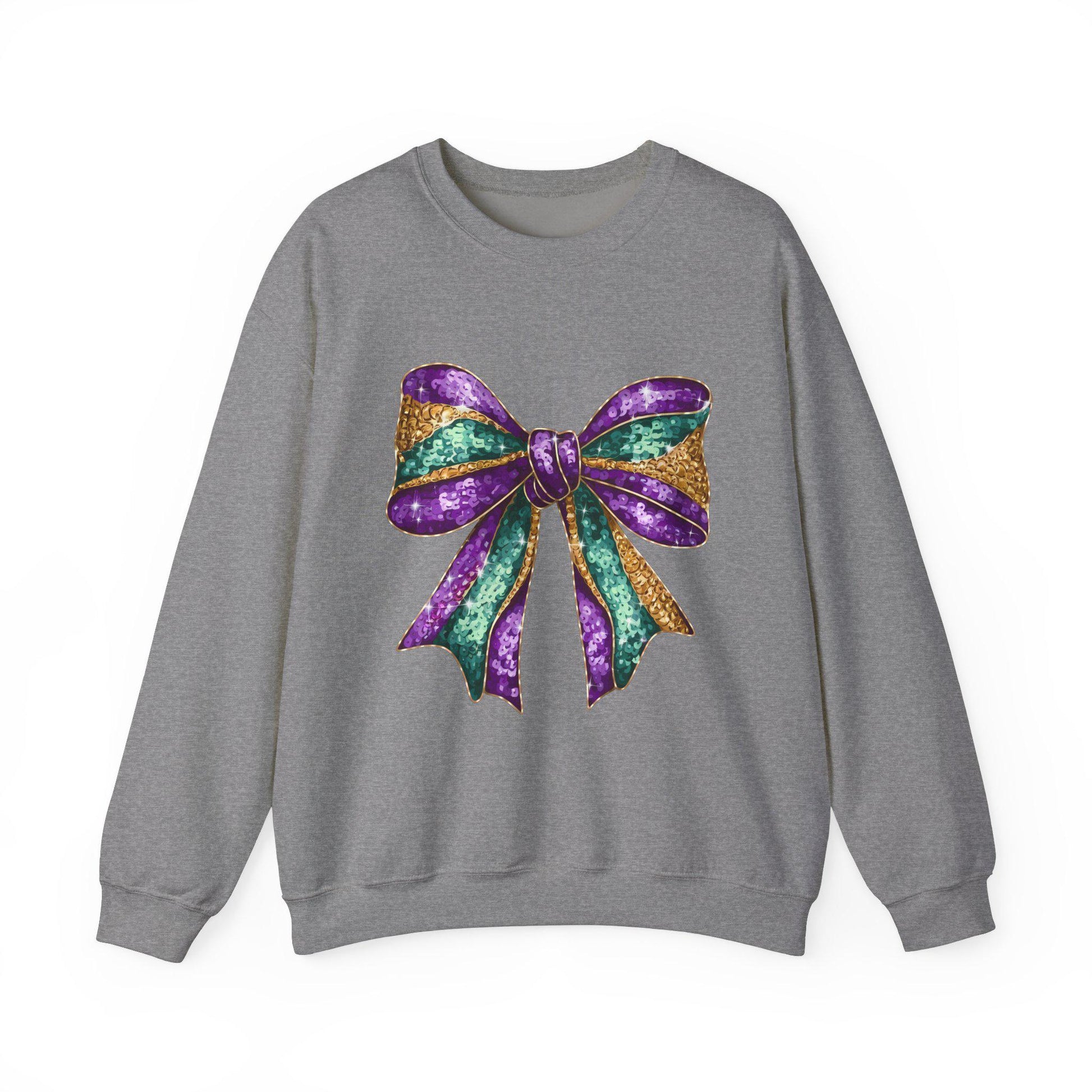 Mardi Gras Bow Sweatshirt, Gold Purple Sparkly Unisex Jumper, Festive Crewneck Pullover, Eye-catching Apparel, Carnival Clothing