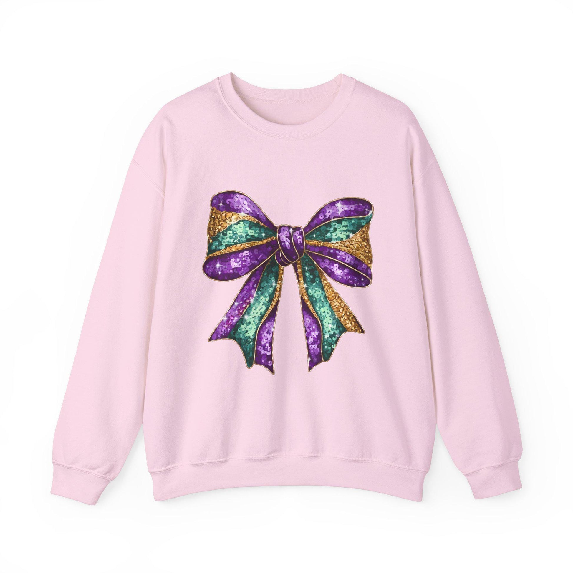 Mardi Gras Bow Sweatshirt, Gold Purple Sparkly Unisex Jumper, Festive Crewneck Pullover, Eye-catching Apparel, Carnival Clothing