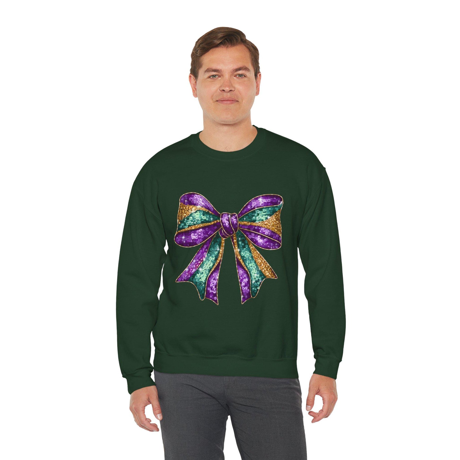 Mardi Gras Bow Sweatshirt, Gold Purple Sparkly Unisex Jumper, Festive Crewneck Pullover, Eye-catching Apparel, Carnival Clothing