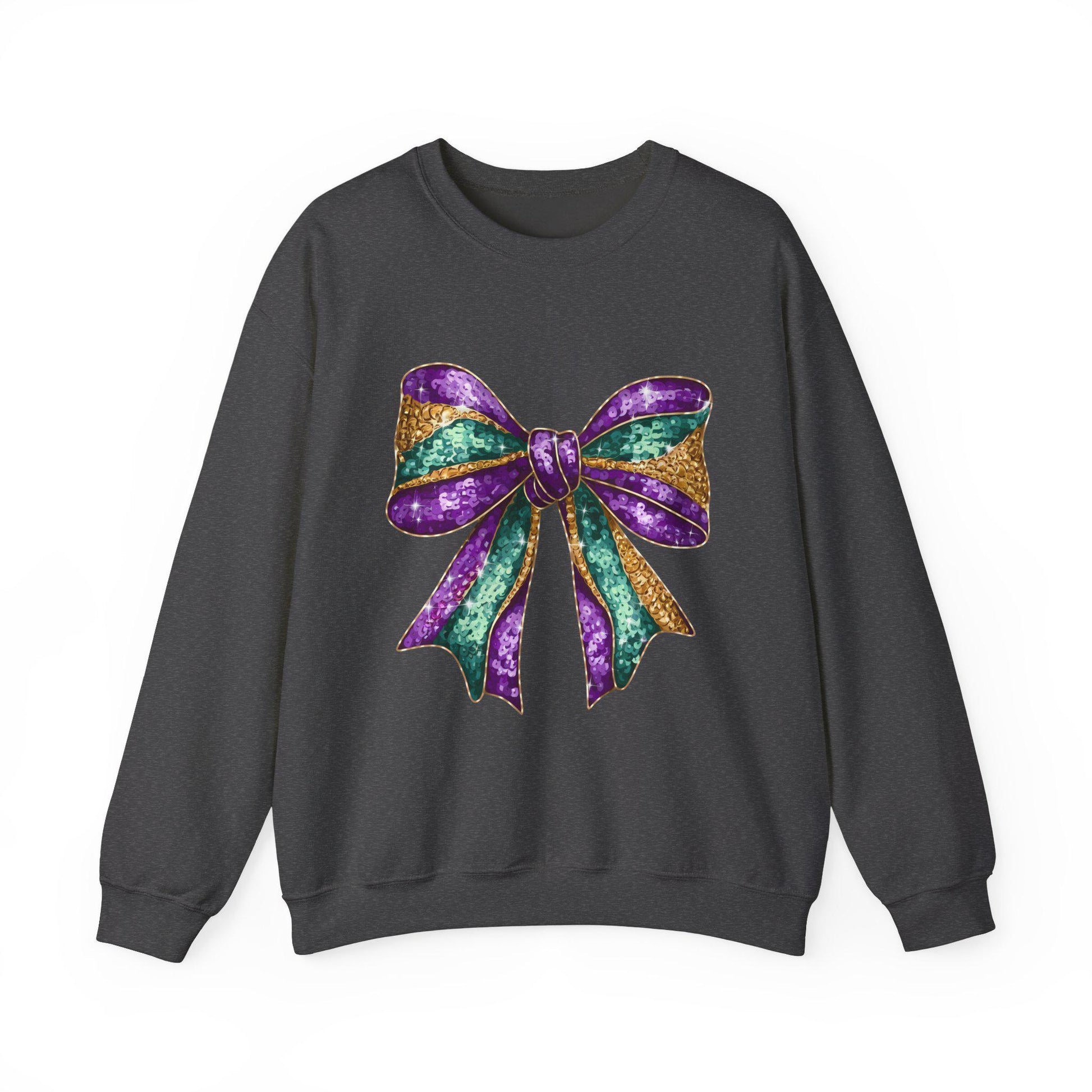 Mardi Gras Bow Sweatshirt, Gold Purple Sparkly Unisex Jumper, Festive Crewneck Pullover, Eye-catching Apparel, Carnival Clothing
