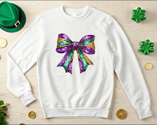 Mardi Gras Bow Sweatshirt, Gold Purple Sparkly Unisex Jumper, Festive Crewneck Pullover, Eye-catching Apparel, Carnival Clothing
