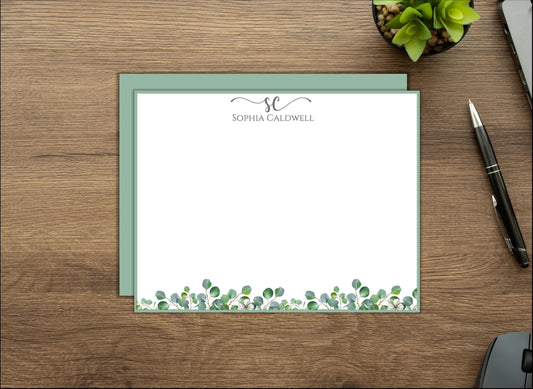 Personalized Stationery Eucalyptus Leaves, Set of custom stationery note cards with envelopes, Custom Stationery, Professional Stationery