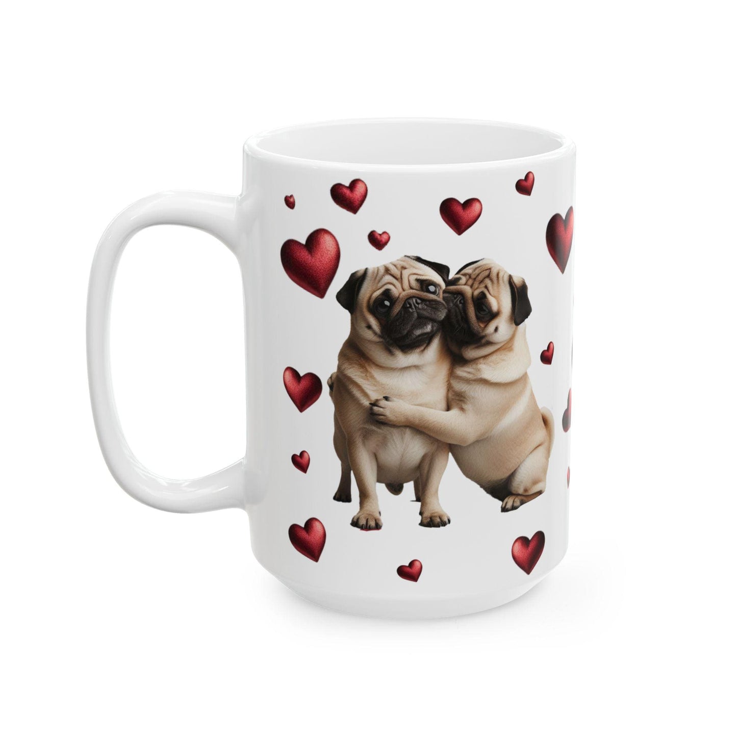 Pug Love Ceramic Mug, Valentine's Day Gift, Adorable Pug Couple, Heart Design, Couples Gift, Valentine's Day gift