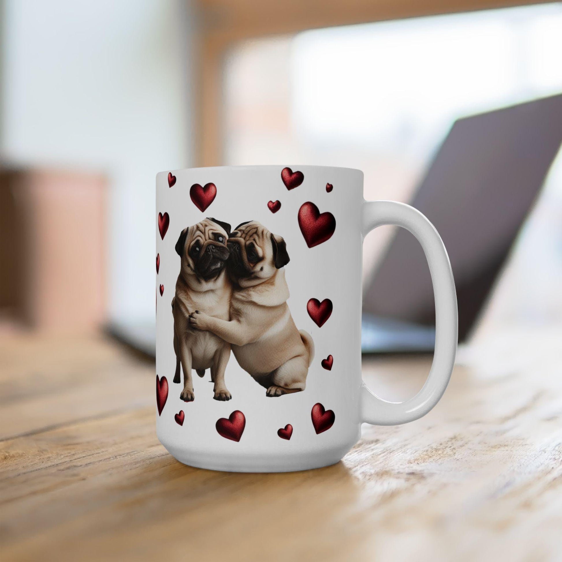 Pug Love Ceramic Mug, Valentine's Day Gift, Adorable Pug Couple, Heart Design, Couples Gift, Valentine's Day gift