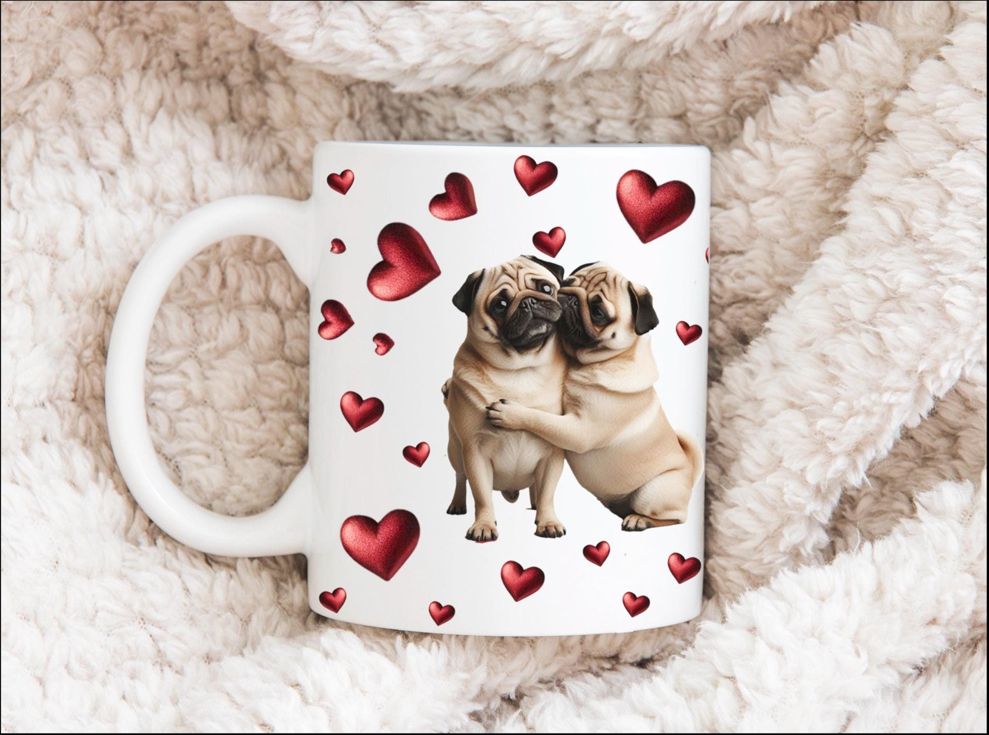 Pug Love Ceramic Mug, Valentine's Day Gift, Adorable Pug Couple, Heart Design, Couples Gift, Valentine's Day gift