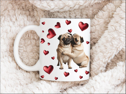 Pug Love Ceramic Mug, Valentine's Day Gift, Adorable Pug Couple, Heart Design, Couples Gift, Valentine's Day gift