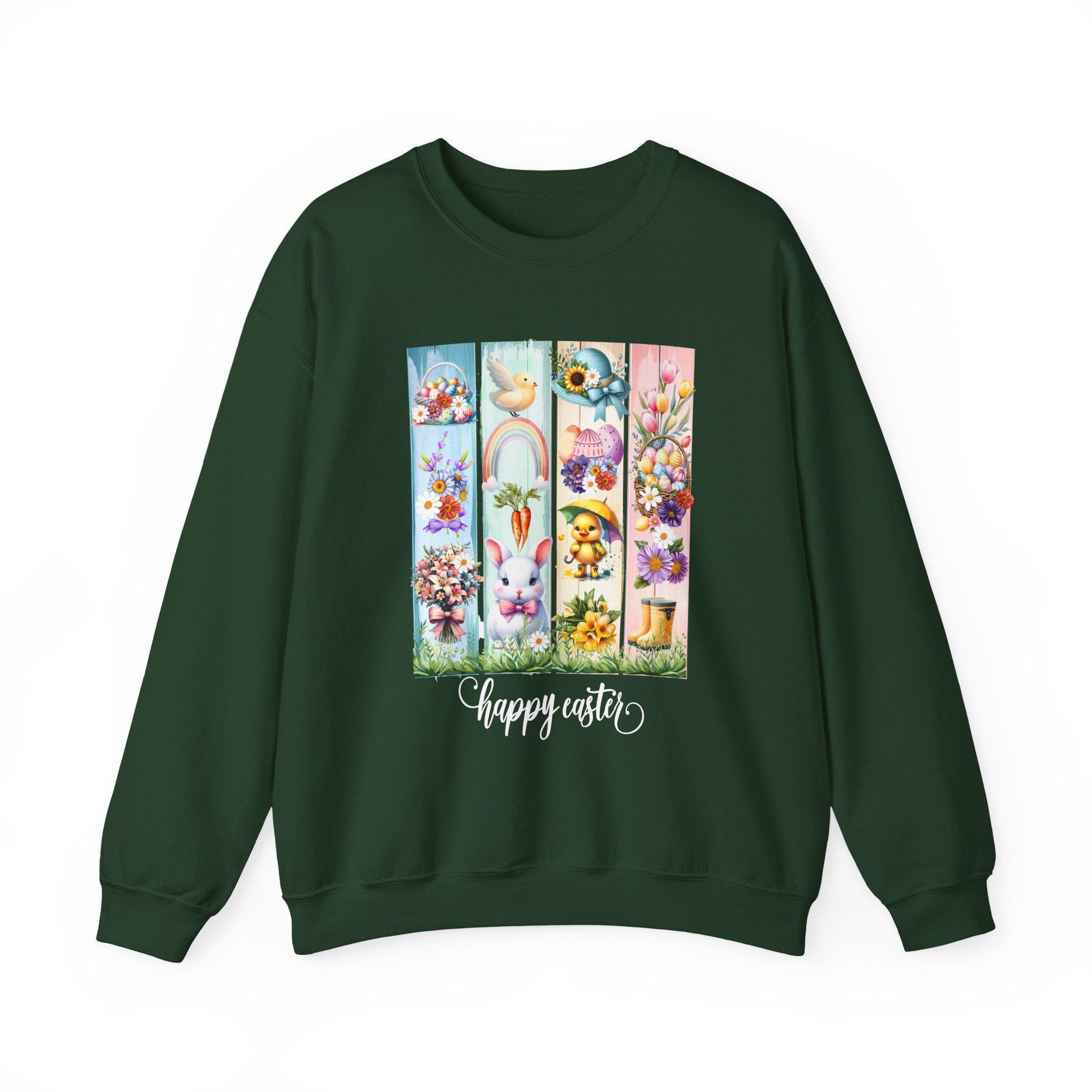 Easter Crewneck Sweatshirt, Pastel Colorful Bunny Duckling Flowers Rainbow, Spring Holiday Jumper, Easter Egg Hunt, Unisex Pullover, Easter