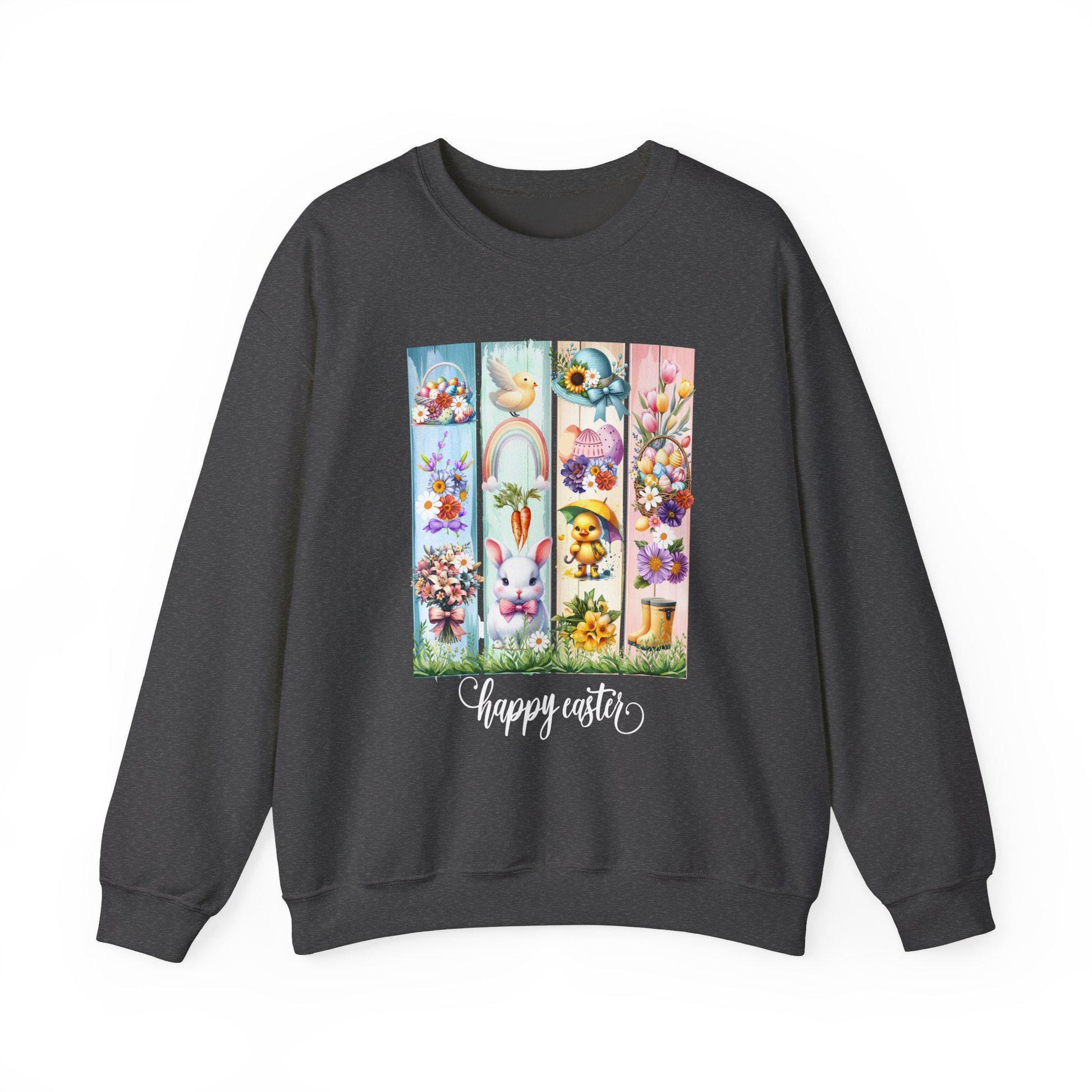 Easter Crewneck Sweatshirt, Pastel Colorful Bunny Duckling Flowers Rainbow, Spring Holiday Jumper, Easter Egg Hunt, Unisex Pullover, Easter