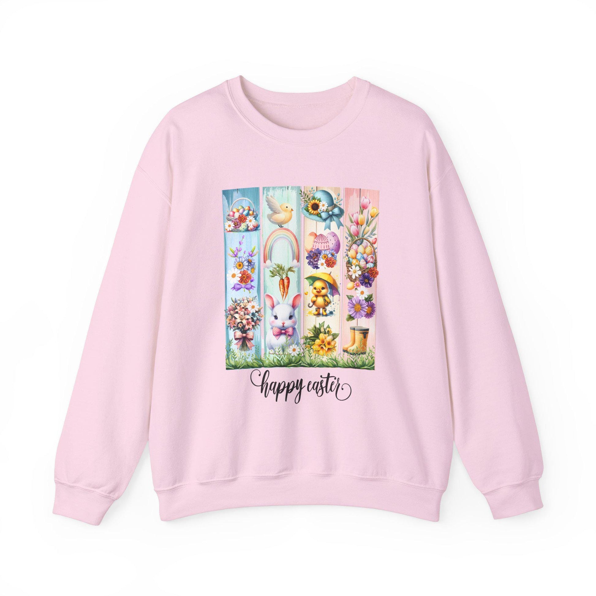 Easter Crewneck Sweatshirt, Pastel Colorful Bunny Duckling Flowers Rainbow, Spring Holiday Jumper, Easter Egg Hunt, Unisex Pullover, Easter