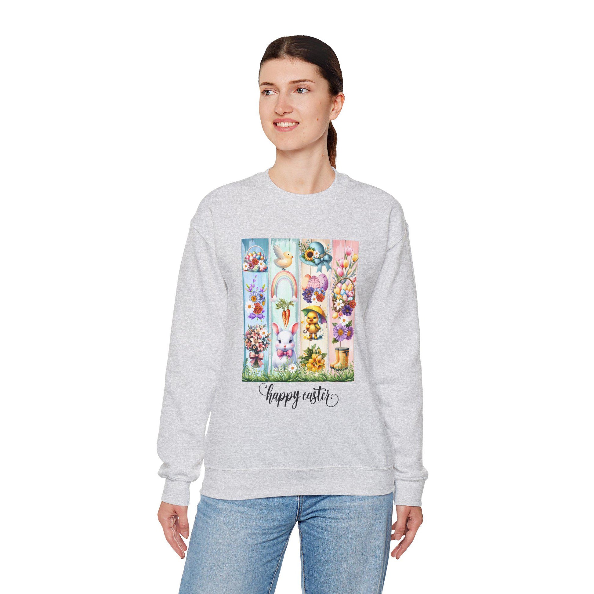 Easter Crewneck Sweatshirt, Pastel Colorful Bunny Duckling Flowers Rainbow, Spring Holiday Jumper, Easter Egg Hunt, Unisex Pullover, Easter