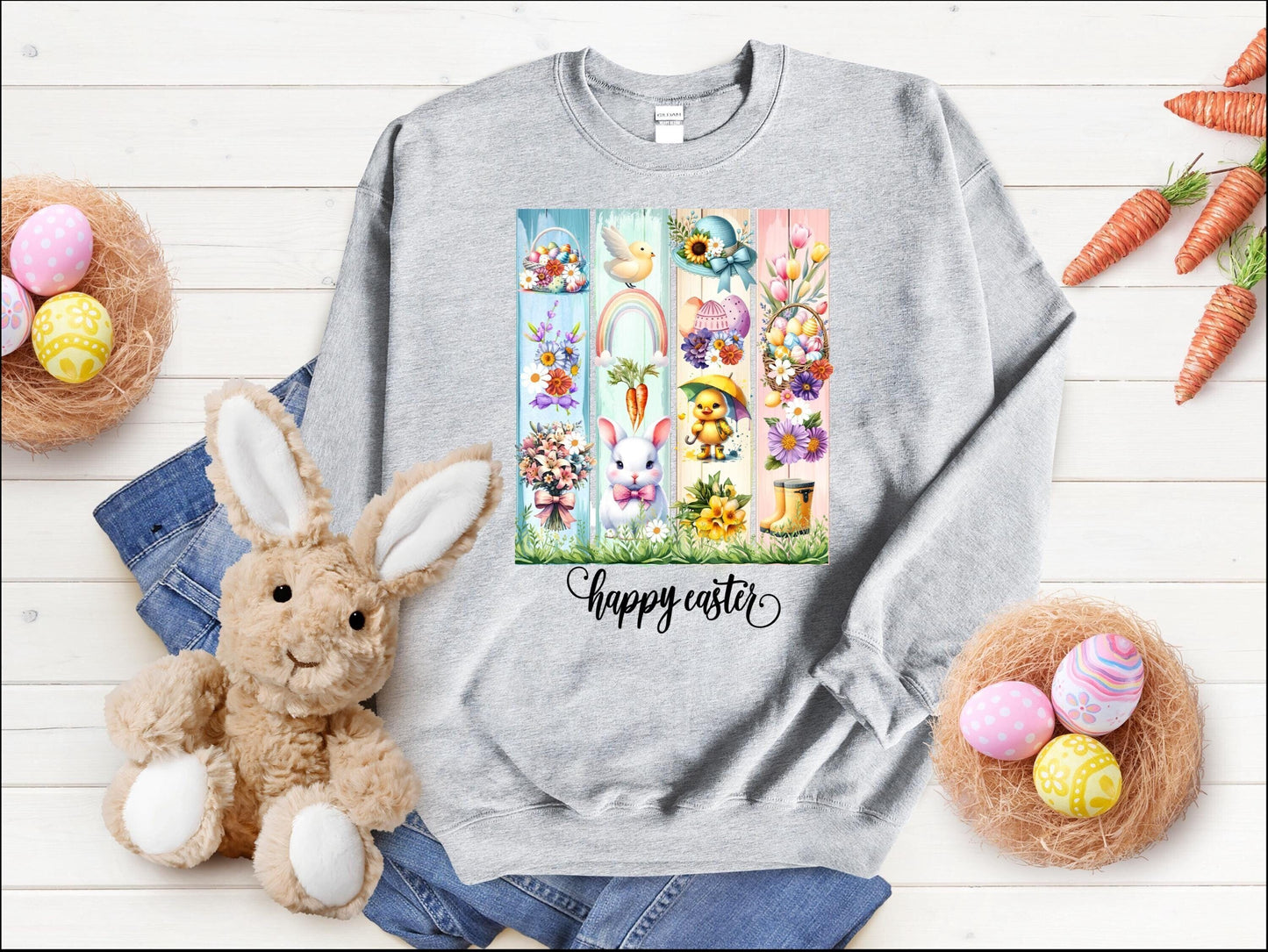 Easter Crewneck Sweatshirt, Pastel Colorful Bunny Duckling Flowers Rainbow, Spring Holiday Jumper, Easter Egg Hunt, Unisex Pullover, Easter