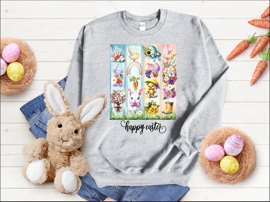Easter Crewneck Sweatshirt, Pastel Colorful Bunny Duckling Flowers Rainbow, Spring Holiday Jumper, Easter Egg Hunt, Unisex Pullover, Easter