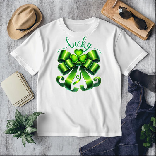 Lucky Shamrock Bow St. Patrick's Day T-Shirt, Saint Paddy's Top, Irish Luck Tee, Coquette Irish Tee, Whimsical Lucky Shirt