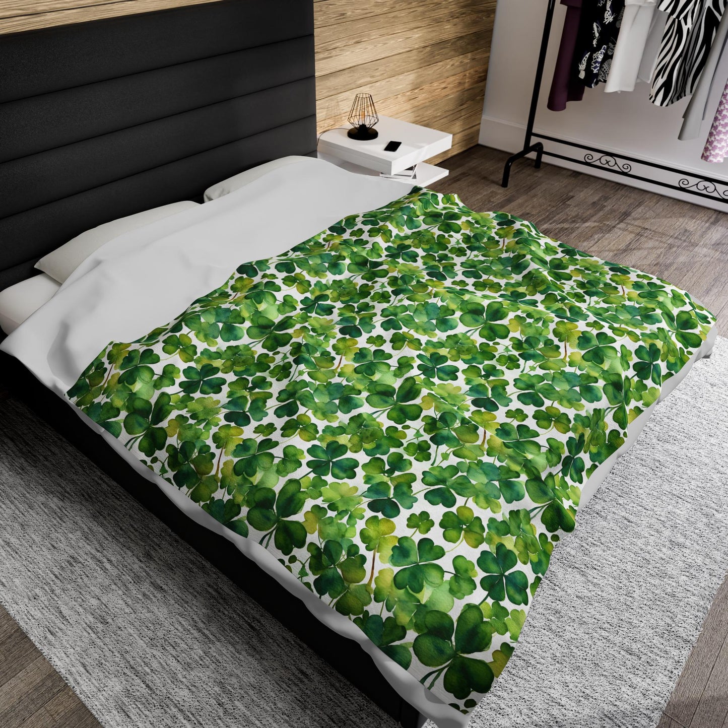 Velveteen Shamrock Plush Blanket, Watercolor Shamrocks Pattern, Cozy Throw Blanket, St Patrick's Day Decor, Two Sizes