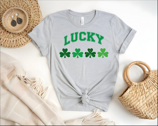 Shamrock Lucky T-Shirt, St. Patrick's Day Tee, Four Leaf Clover Shirt, Varsity Font Top, Irish Lucky Charm Apparel
