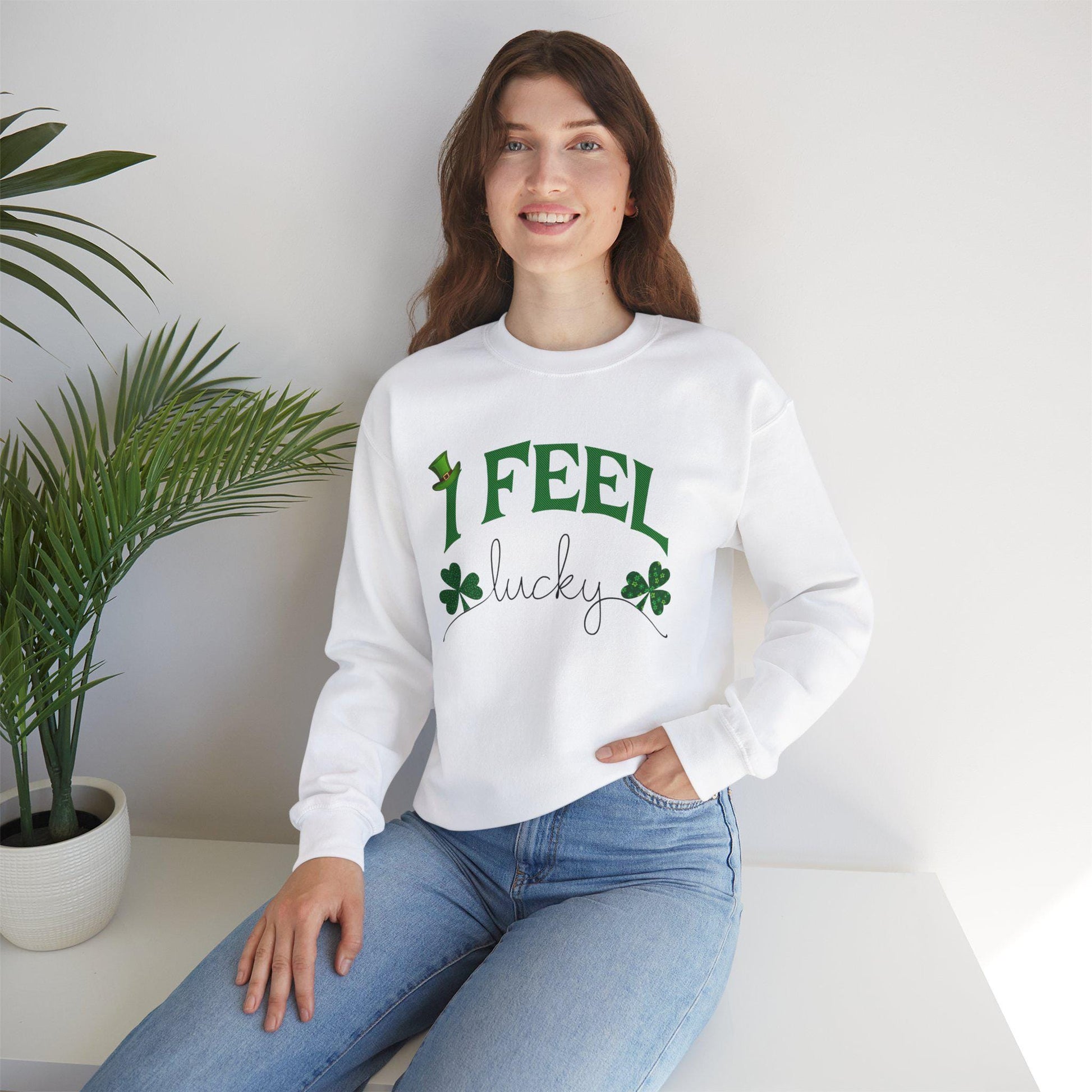St Patrick's Day Unisex Sweatshirt, I Feel Lucky, Shamrock & Leprechaun Hat, Crewneck Jumper, Green Top, Lucky Charm, Irish Sweater