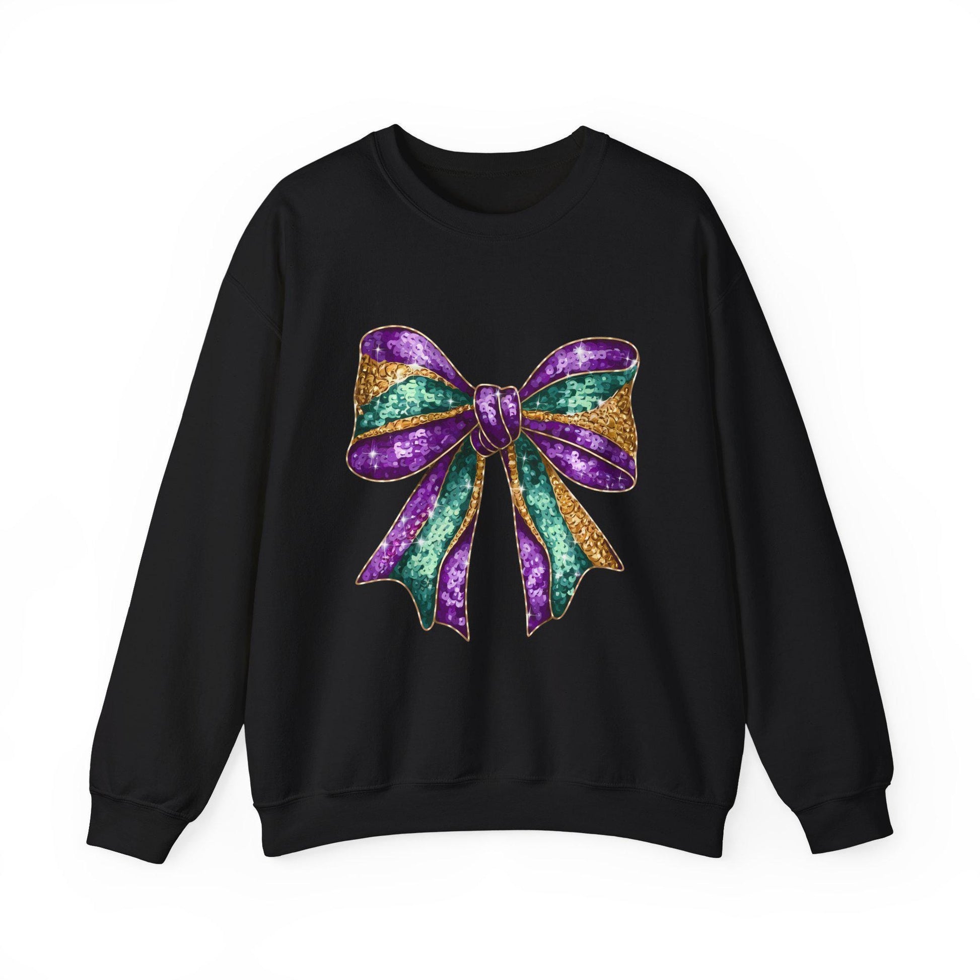 Mardi Gras Bow Sweatshirt, Gold Purple Sparkly Unisex Jumper, Festive Crewneck Pullover, Eye-catching Apparel, Carnival Clothing