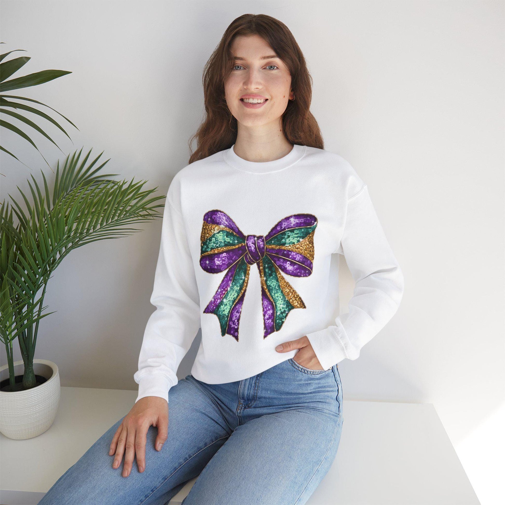 Mardi Gras Bow Sweatshirt, Gold Purple Sparkly Unisex Jumper, Festive Crewneck Pullover, Eye-catching Apparel, Carnival Clothing