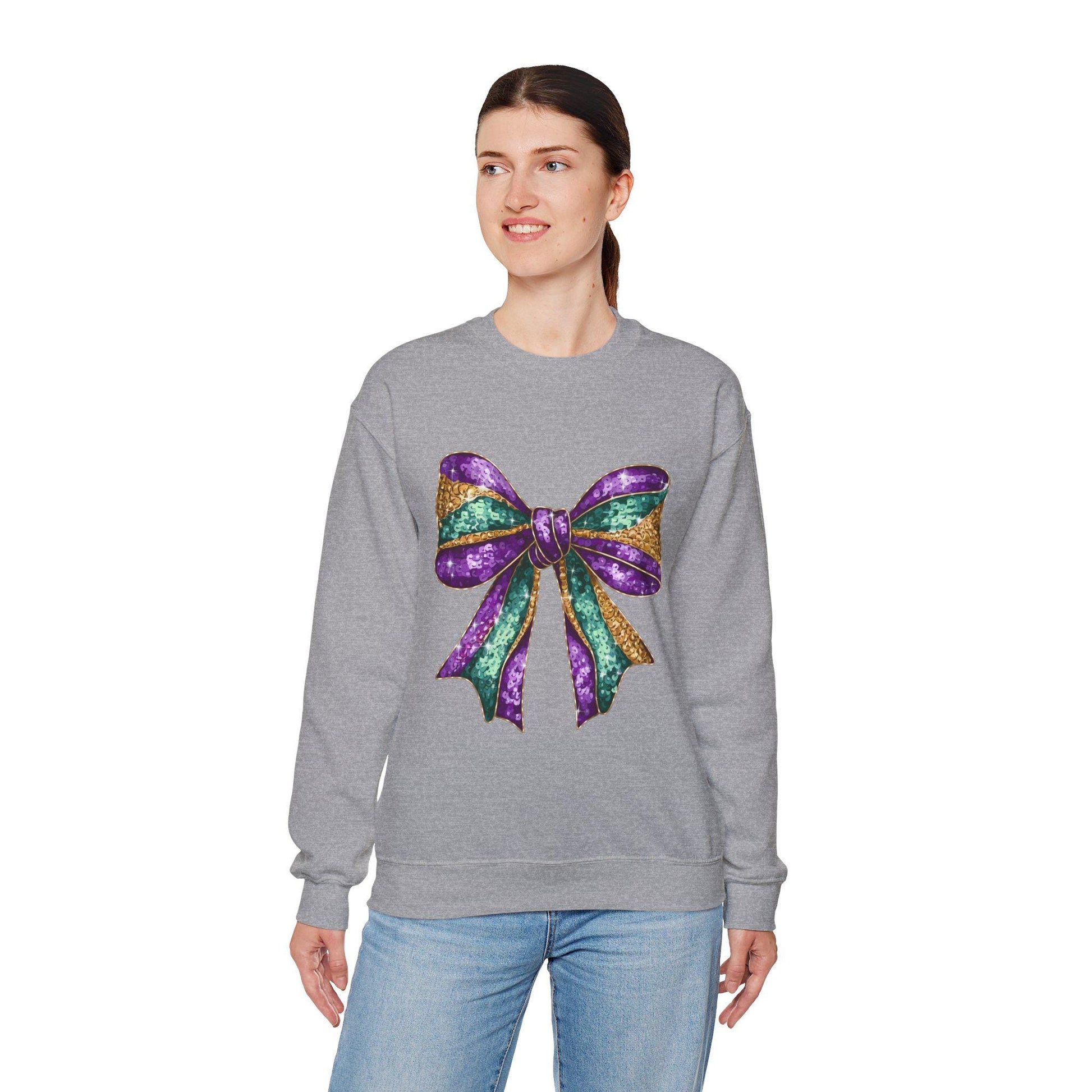Mardi Gras Bow Sweatshirt, Gold Purple Sparkly Unisex Jumper, Festive Crewneck Pullover, Eye-catching Apparel, Carnival Clothing