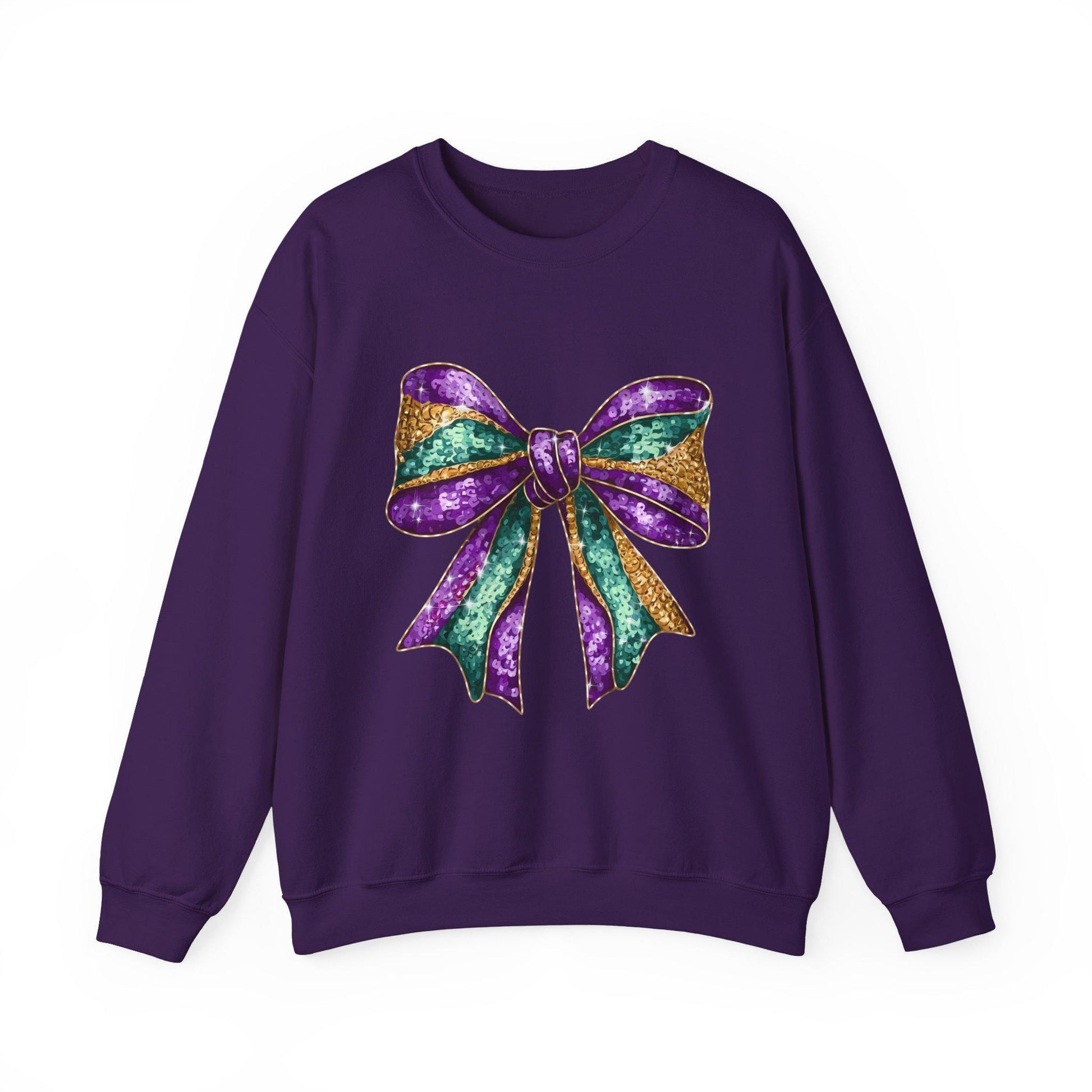 Mardi Gras Bow Sweatshirt, Gold Purple Sparkly Unisex Jumper, Festive Crewneck Pullover, Eye-catching Apparel, Carnival Clothing
