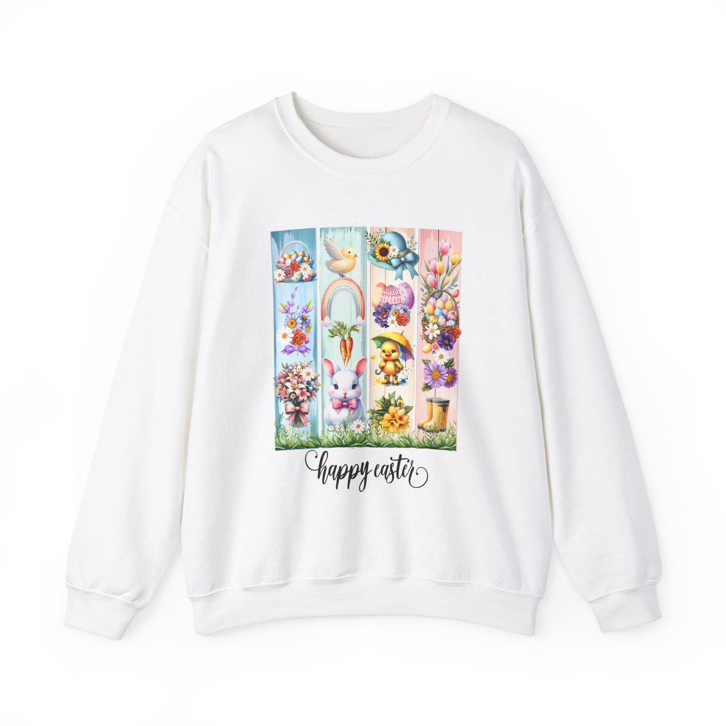 Easter Crewneck Sweatshirt, Pastel Colorful Bunny Duckling Flowers Rainbow, Spring Holiday Jumper, Easter Egg Hunt, Unisex Pullover, Easter