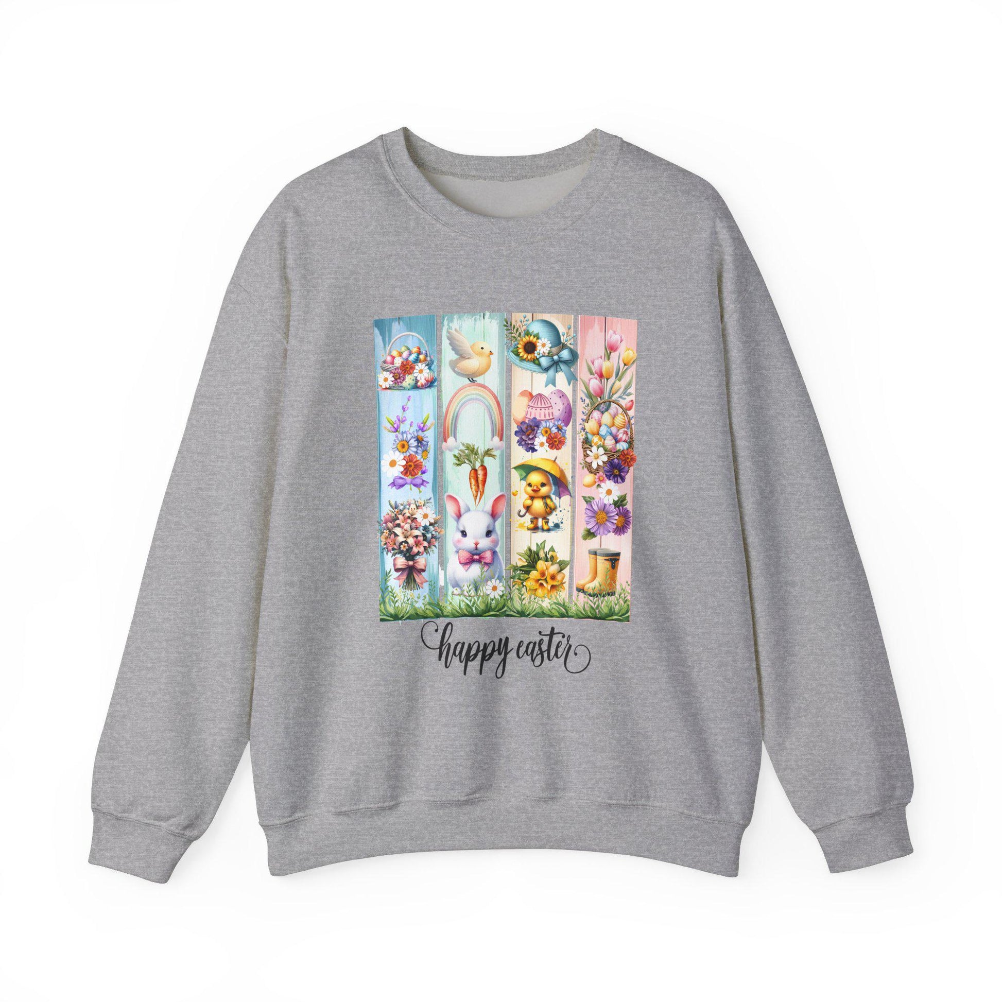 Easter Crewneck Sweatshirt, Pastel Colorful Bunny Duckling Flowers Rainbow, Spring Holiday Jumper, Easter Egg Hunt, Unisex Pullover, Easter