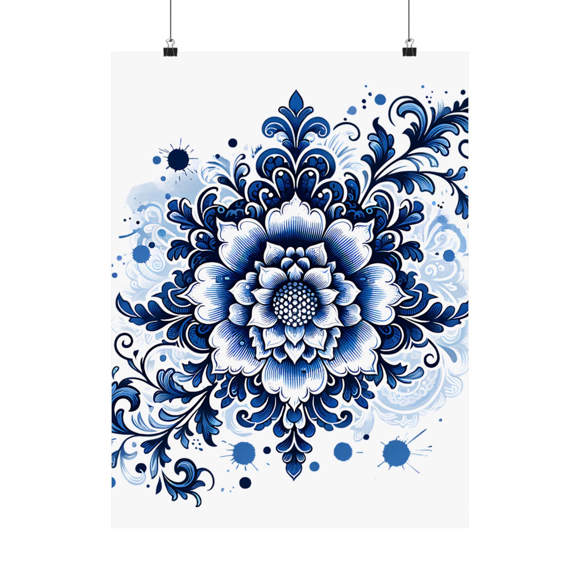 Floral Wall Art Print, Chinoiserie Style Poster, Blue and White Botanical Print