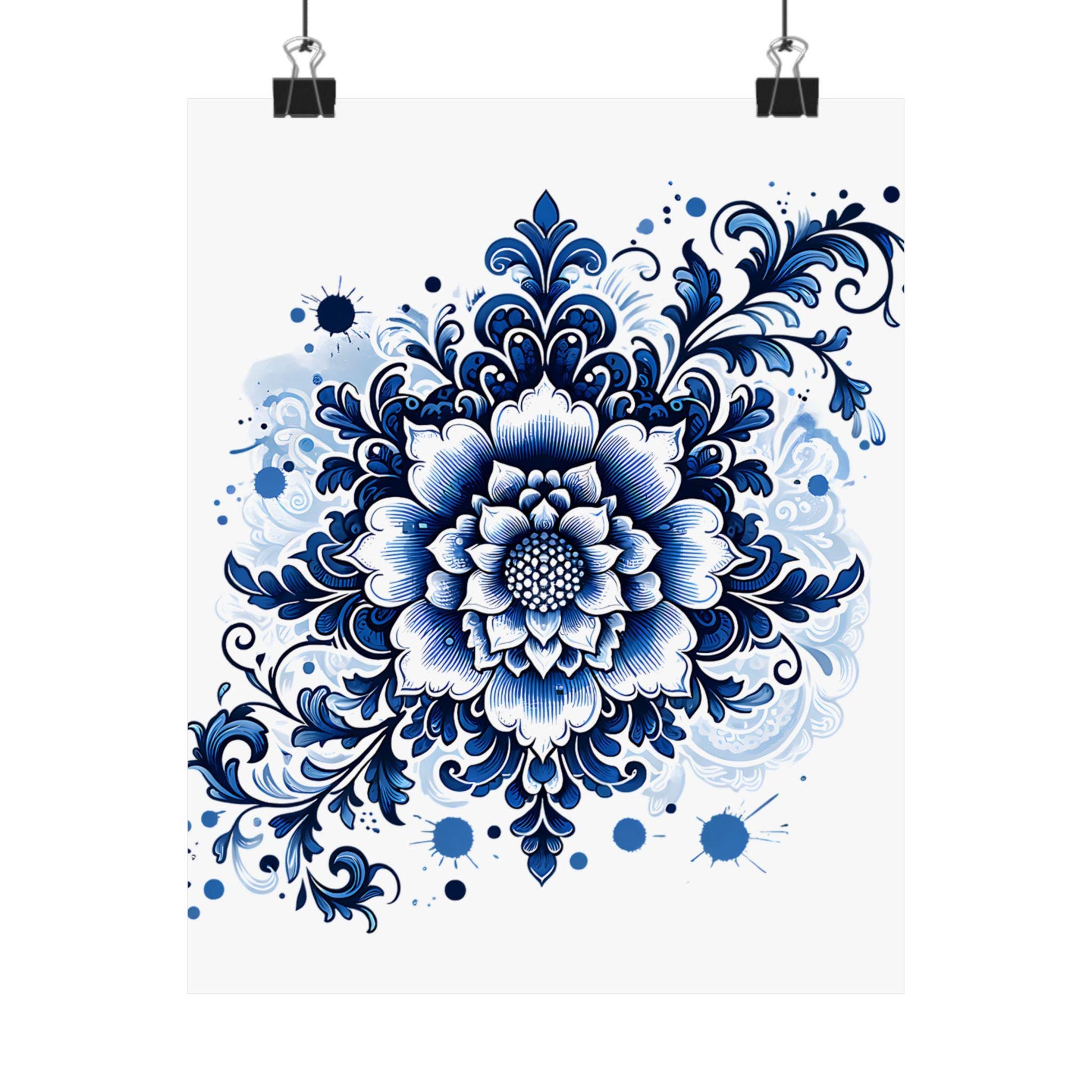 Floral Wall Art Print, Chinoiserie Style Poster, Blue and White Botanical Print