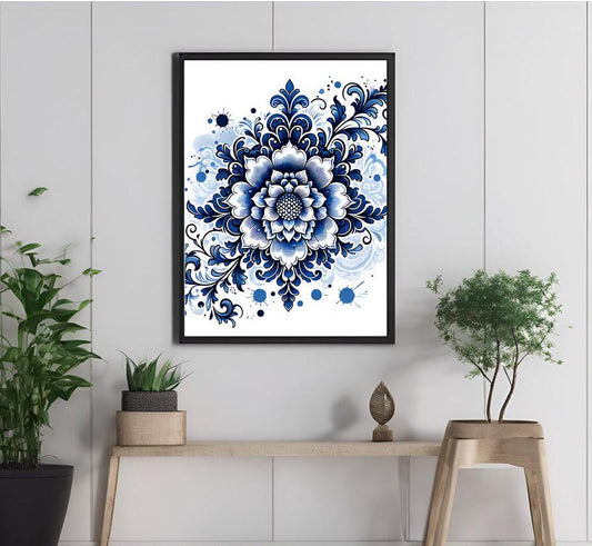 Floral Wall Art Print, Chinoiserie Style Poster, Blue and White Botanical Print