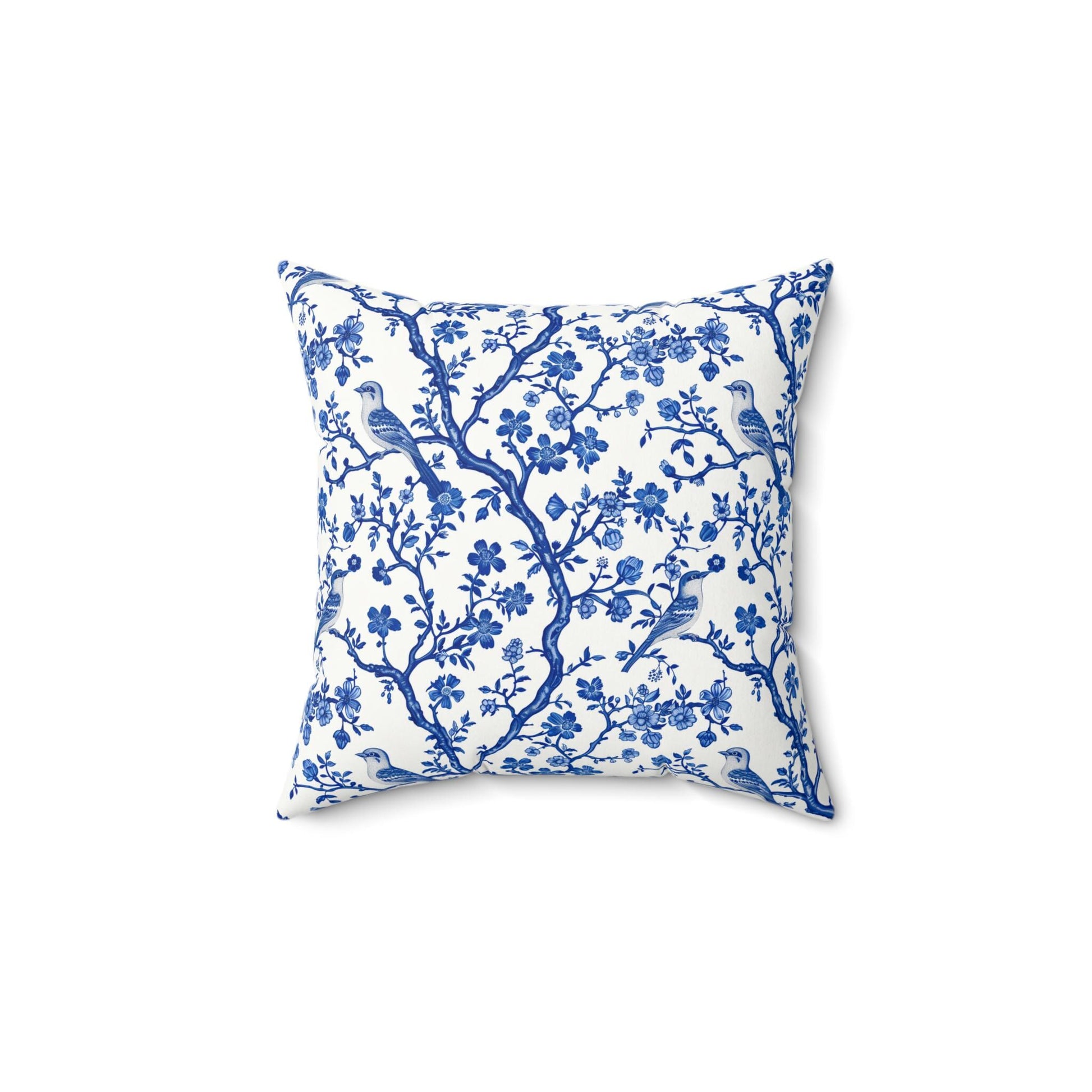 Elegant Chinoiserie Floral Bird Print Pillow, Decorative Throw Pillow for Home, Blue and White Floral Pillow, Modern Farmhouse