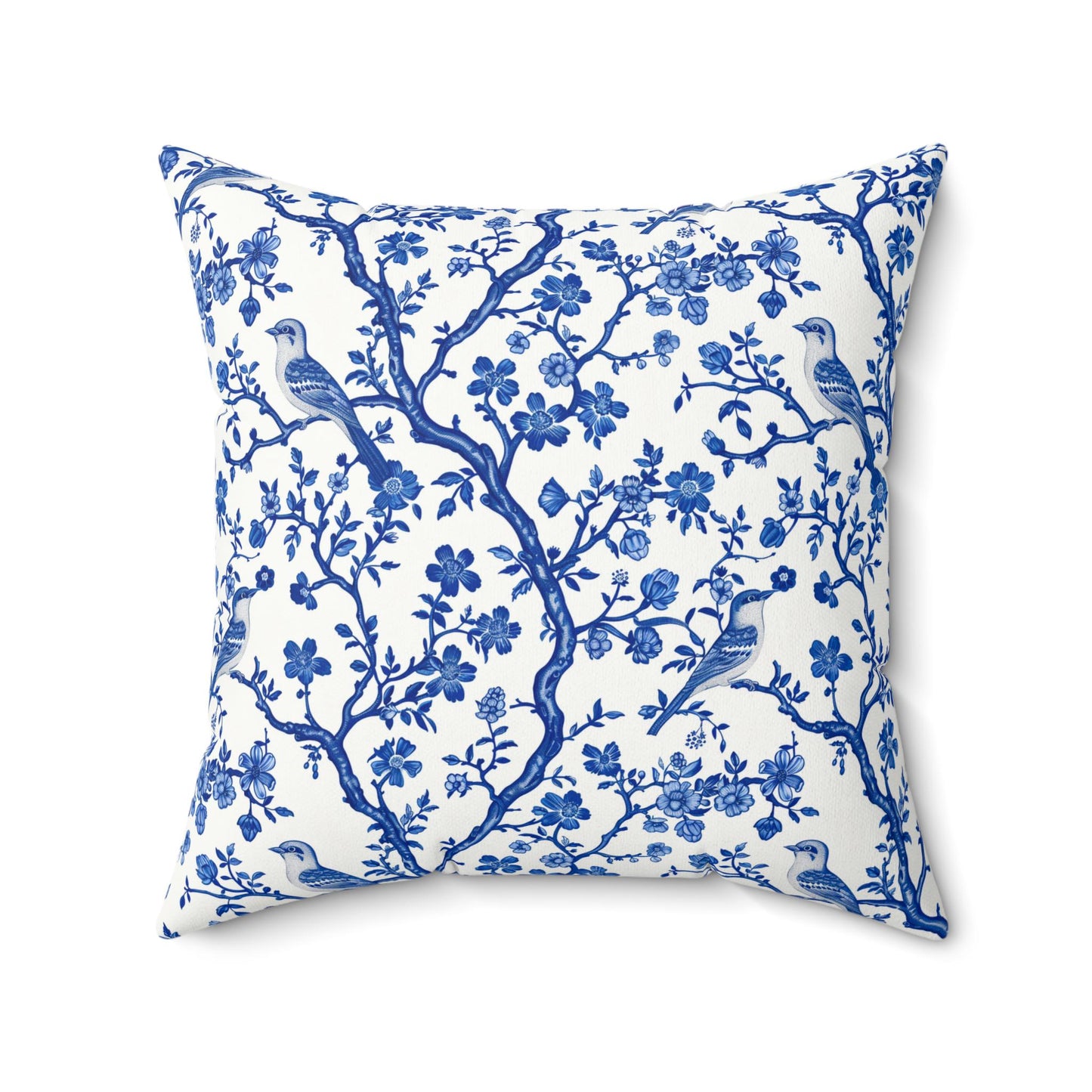 Elegant Chinoiserie Floral Bird Print Pillow, Decorative Throw Pillow for Home, Blue and White Floral Pillow, Modern Farmhouse