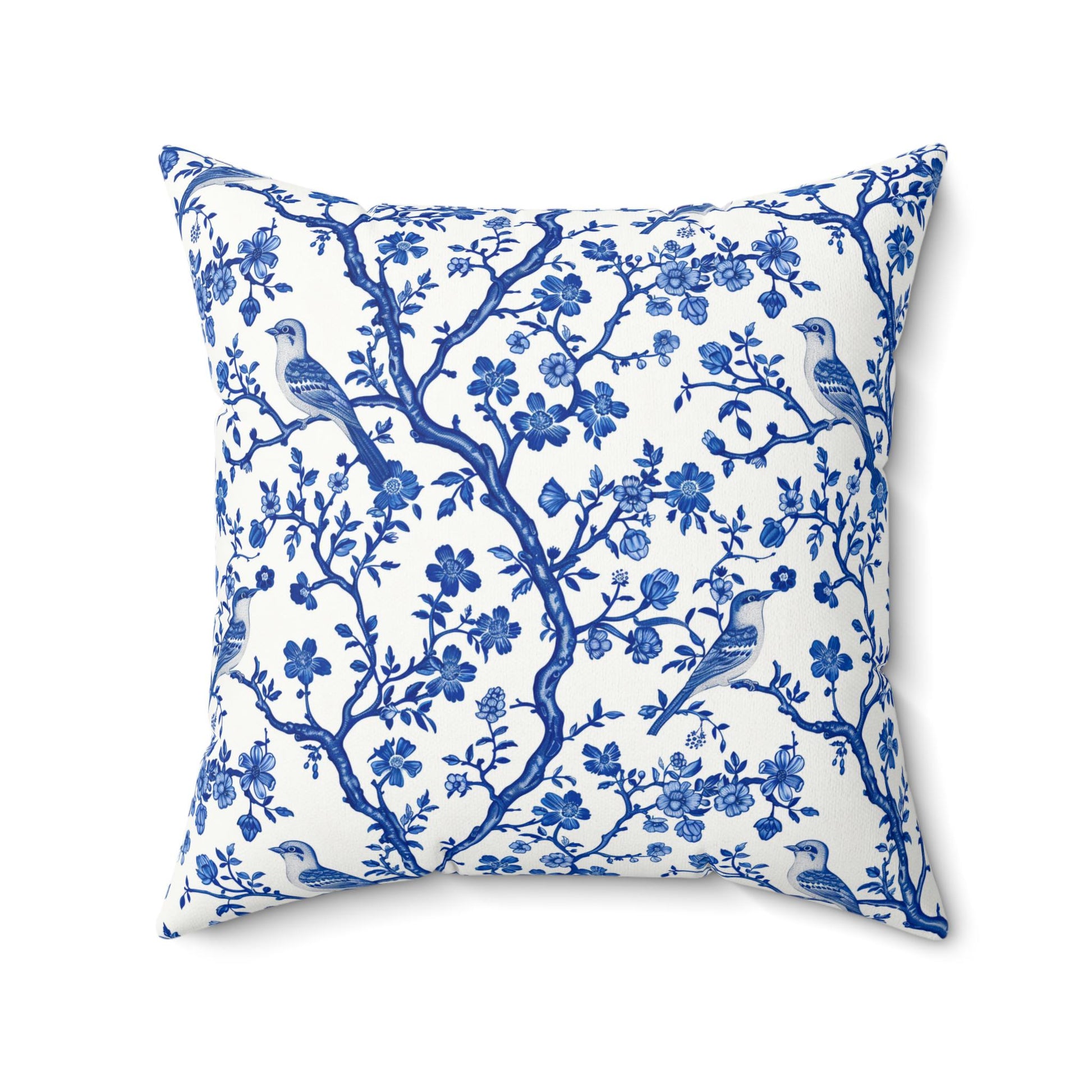 Elegant Chinoiserie Floral Bird Print Pillow, Decorative Throw Pillow for Home, Blue and White Floral Pillow, Modern Farmhouse
