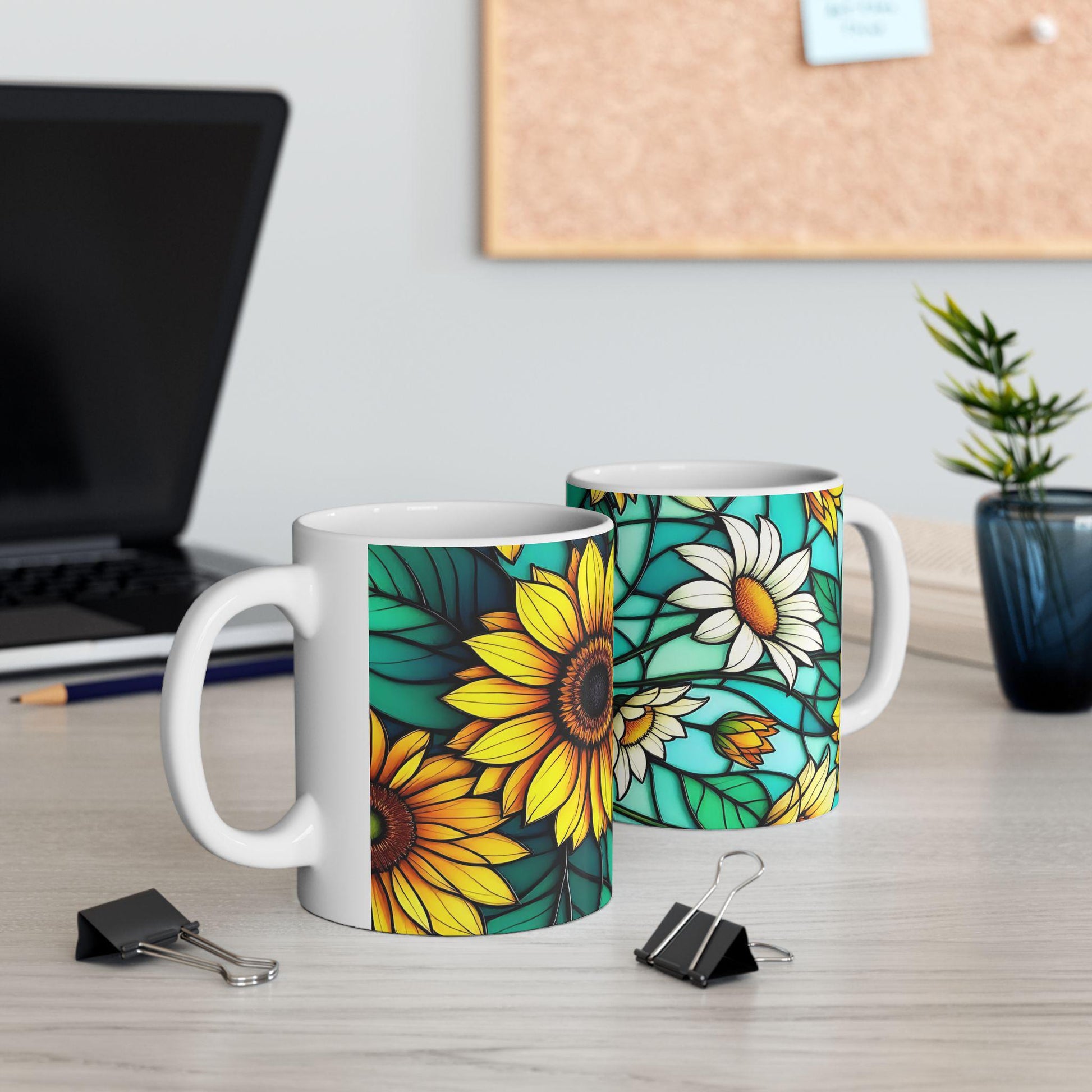 Vibrant Stained Glass Effect Sunflower Mug, Colorful Drinkware, Floral Pattern Mug, Stained Glass Mug