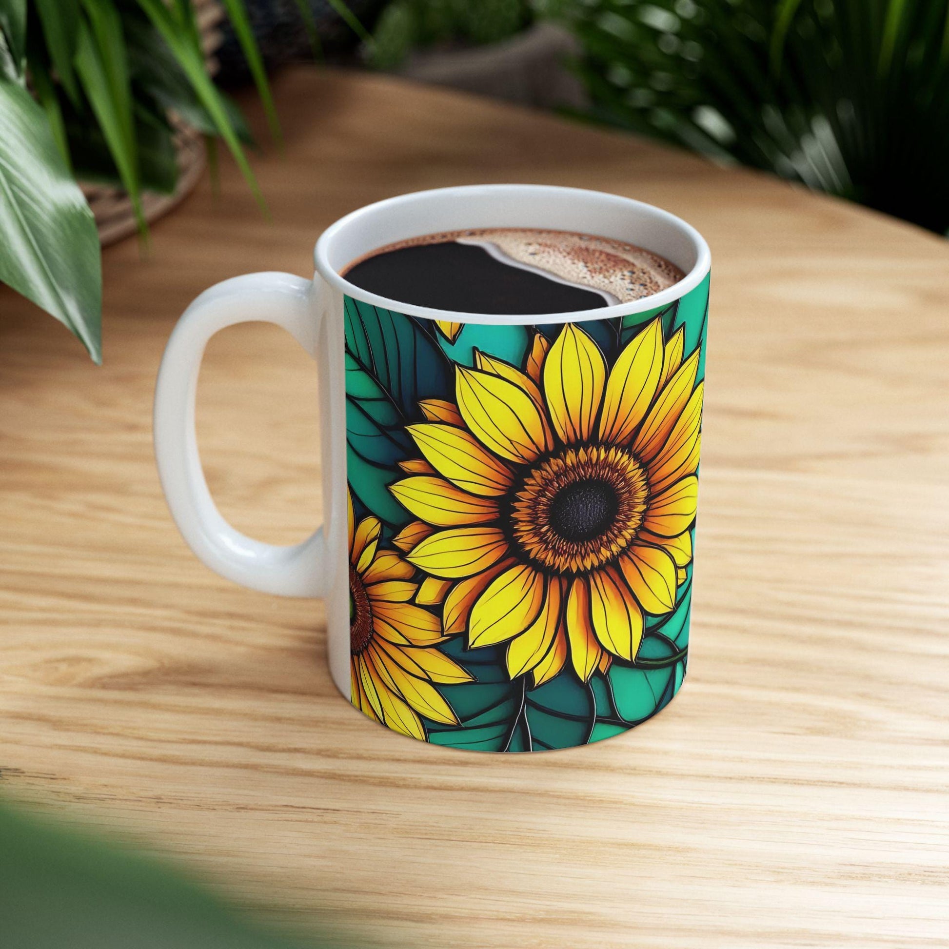 Vibrant Stained Glass Effect Sunflower Mug, Colorful Drinkware, Floral Pattern Mug, Stained Glass Mug