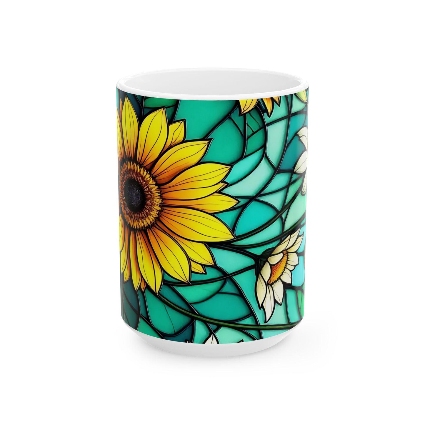 Vibrant Stained Glass Effect Sunflower Mug, Colorful Drinkware, Floral Pattern Mug, Stained Glass Mug