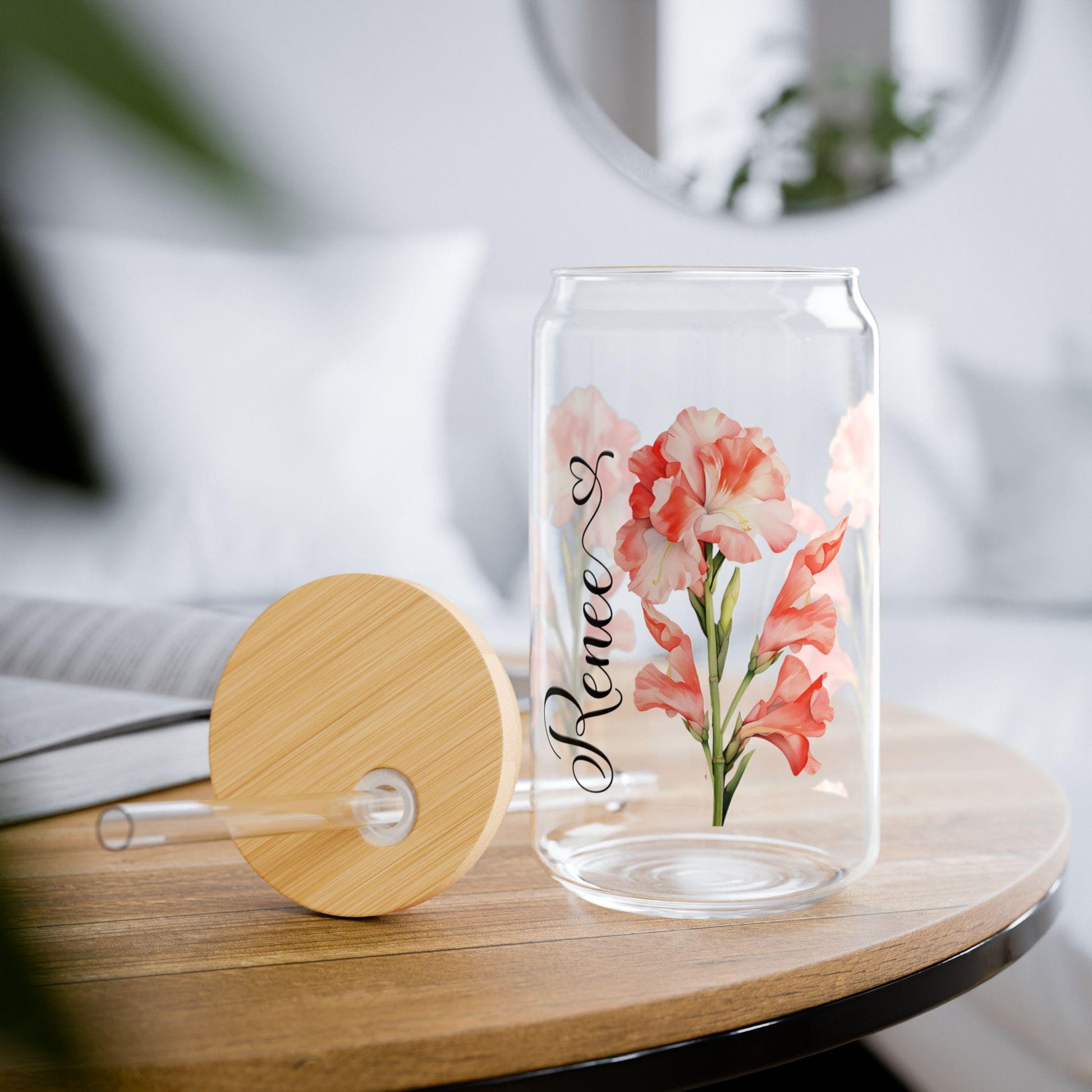 Personalized Birth Month Flower Sipper Glass: 16oz, Floral Sipper Glass, Gift for Her