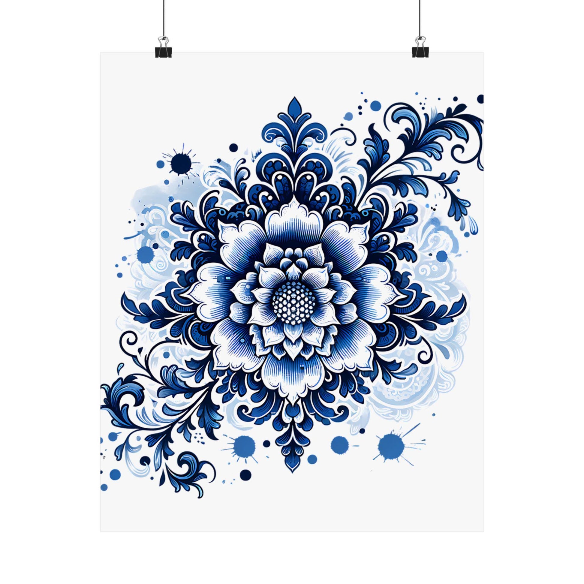 Floral Wall Art Print, Chinoiserie Style Poster, Blue and White Botanical Print