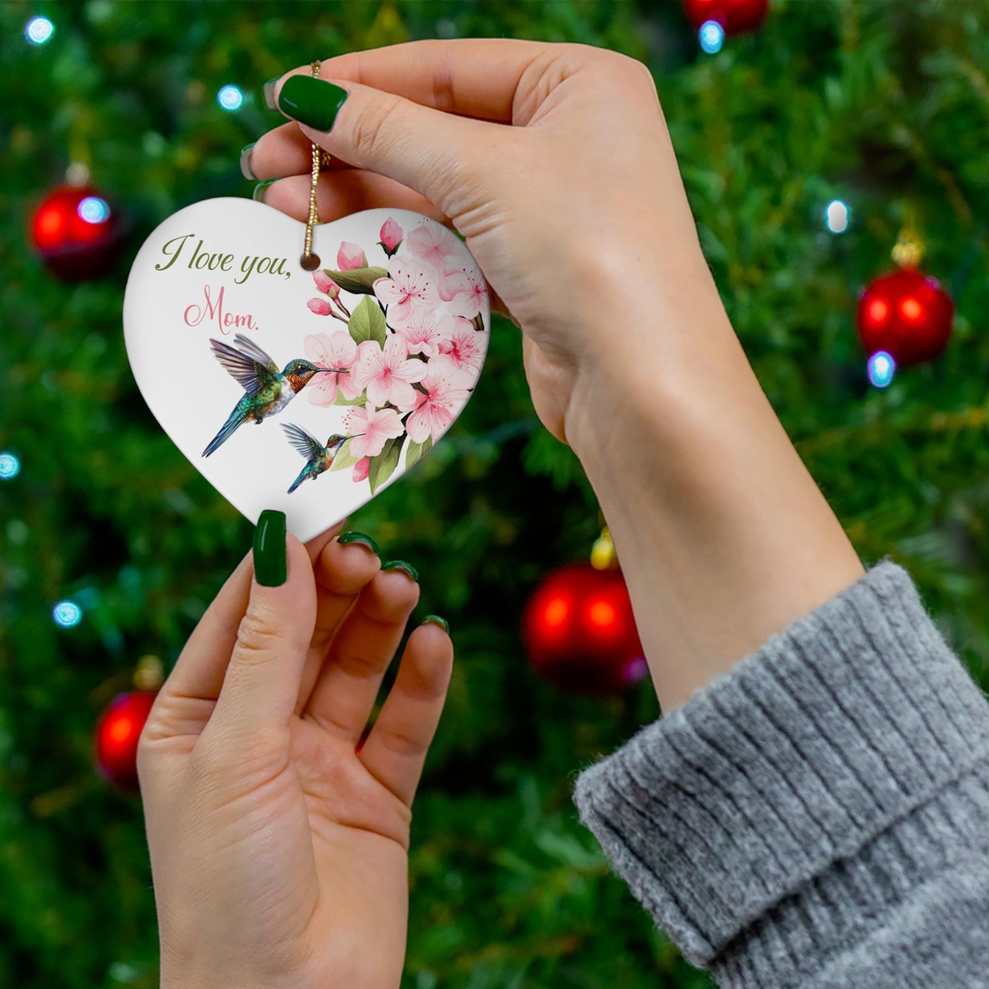 Mom Love Hummingbird Ceramic Ornament, Cherry Blossom Ornament, Mother's Day Gift, Gift for Mom, Mom Christmas Ornament, I Love You Mom