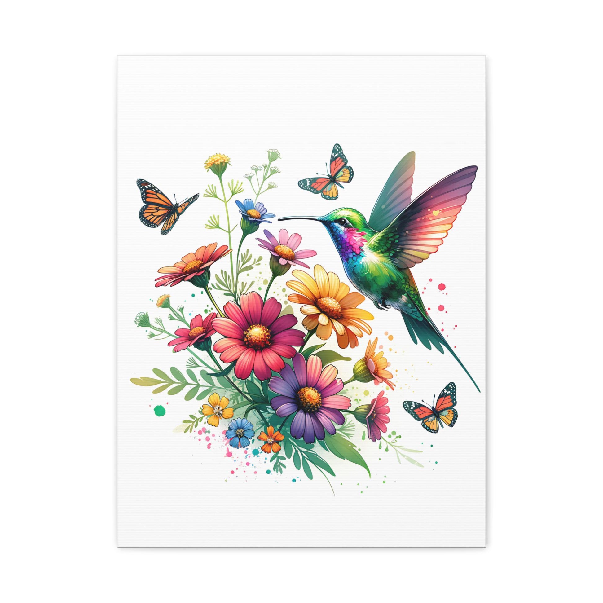 Colorful Hummingbird Art Canvas, Vibrant Floral Wall Decor, Boho Chic Home Art, Butterfly Gallery Wall, Nature Lover Gift, 1.25" Stretched
