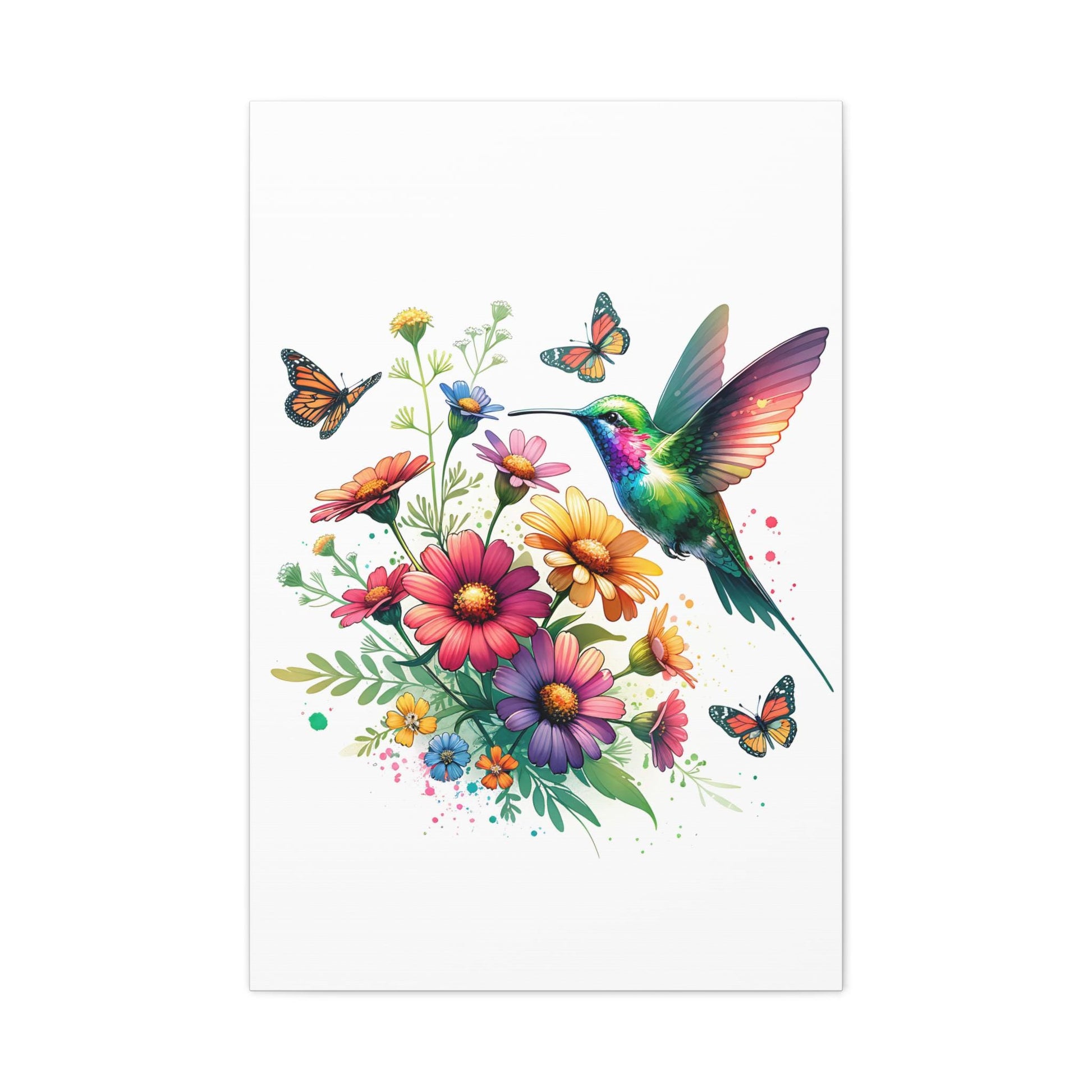 Colorful Hummingbird Art Canvas, Vibrant Floral Wall Decor, Boho Chic Home Art, Butterfly Gallery Wall, Nature Lover Gift, 1.25" Stretched