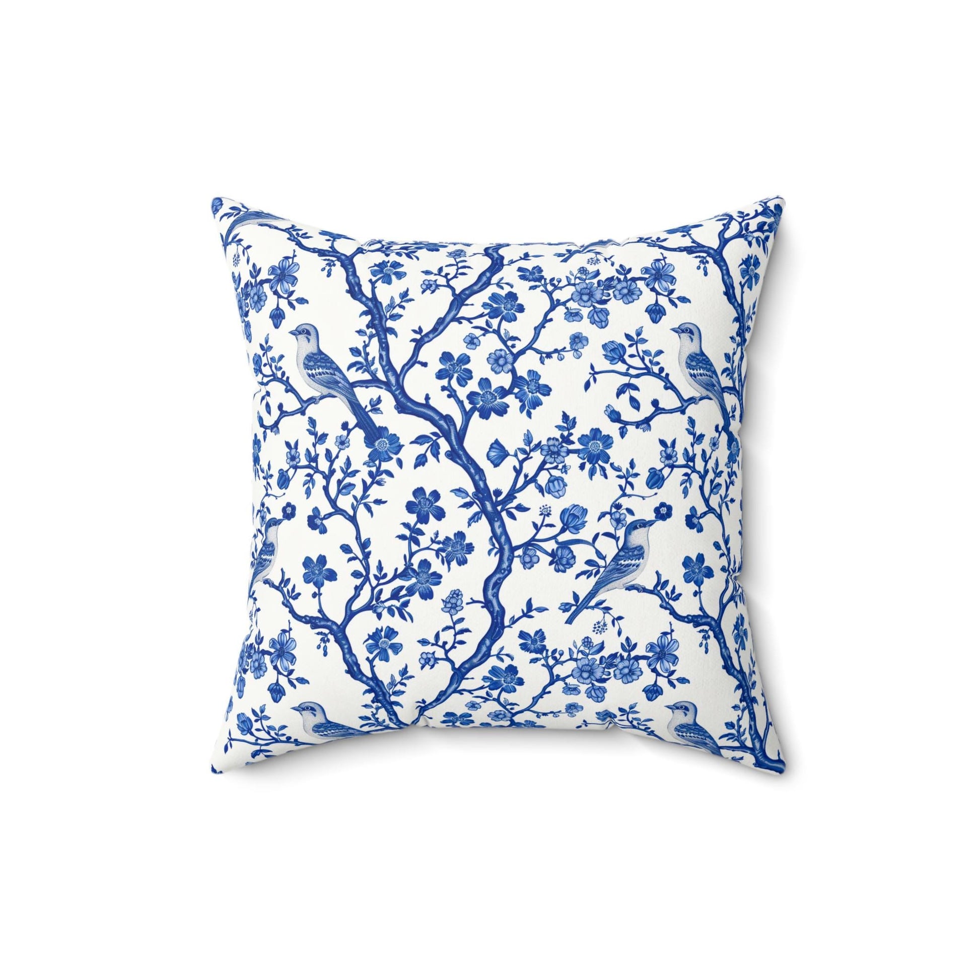 Elegant Chinoiserie Floral Bird Print Pillow, Decorative Throw Pillow for Home, Blue and White Floral Pillow, Modern Farmhouse