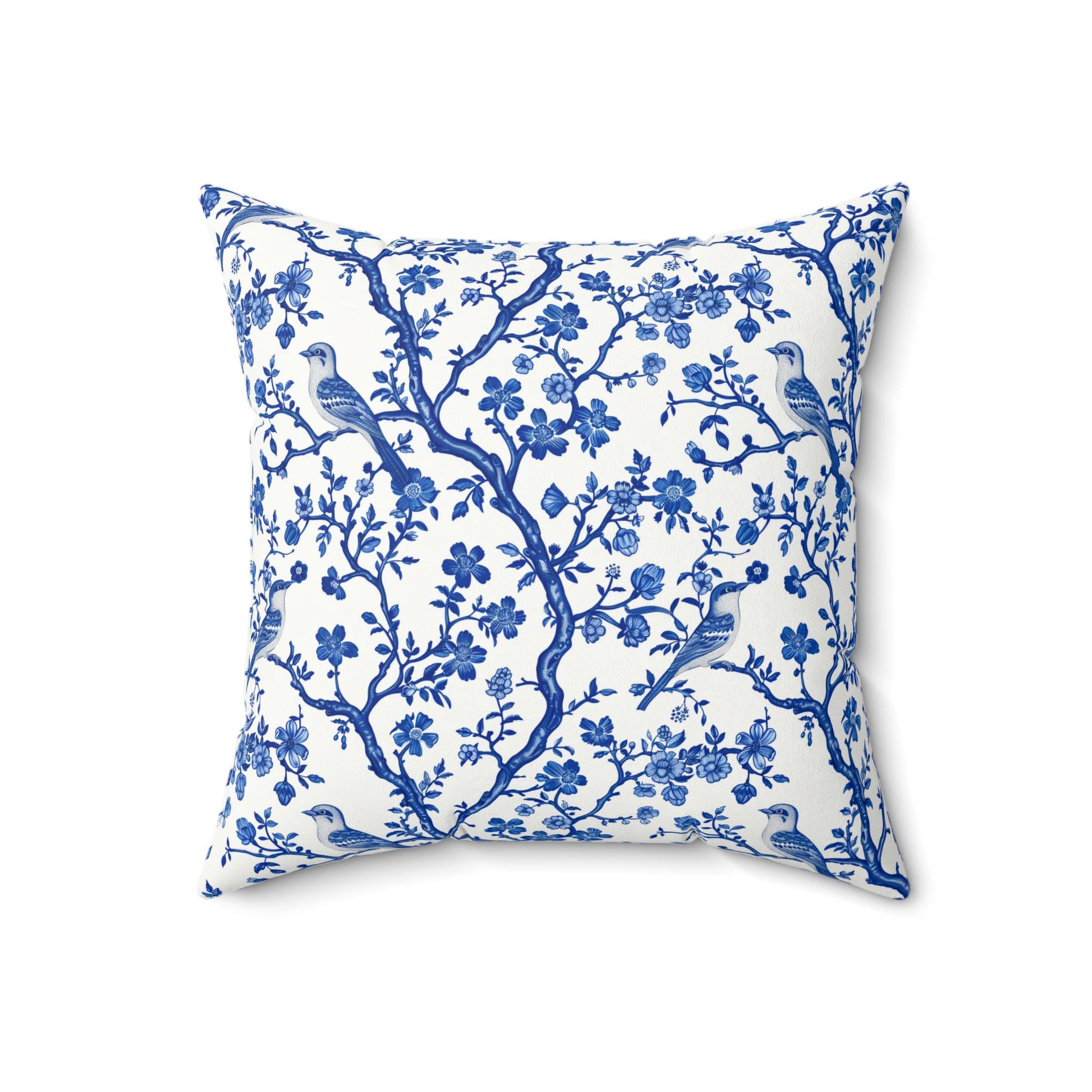 Elegant Chinoiserie Floral Bird Print Pillow, Decorative Throw Pillow for Home, Blue and White Floral Pillow, Modern Farmhouse