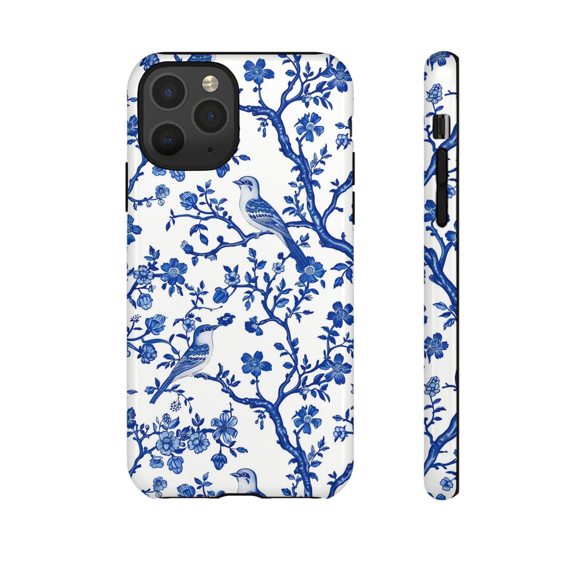 Chinoiserie Floral Phone Case, Tough Cases, Blue 7 White Flower Design, Artistic Phone Cover, iphone 11 12 13 14 15 16