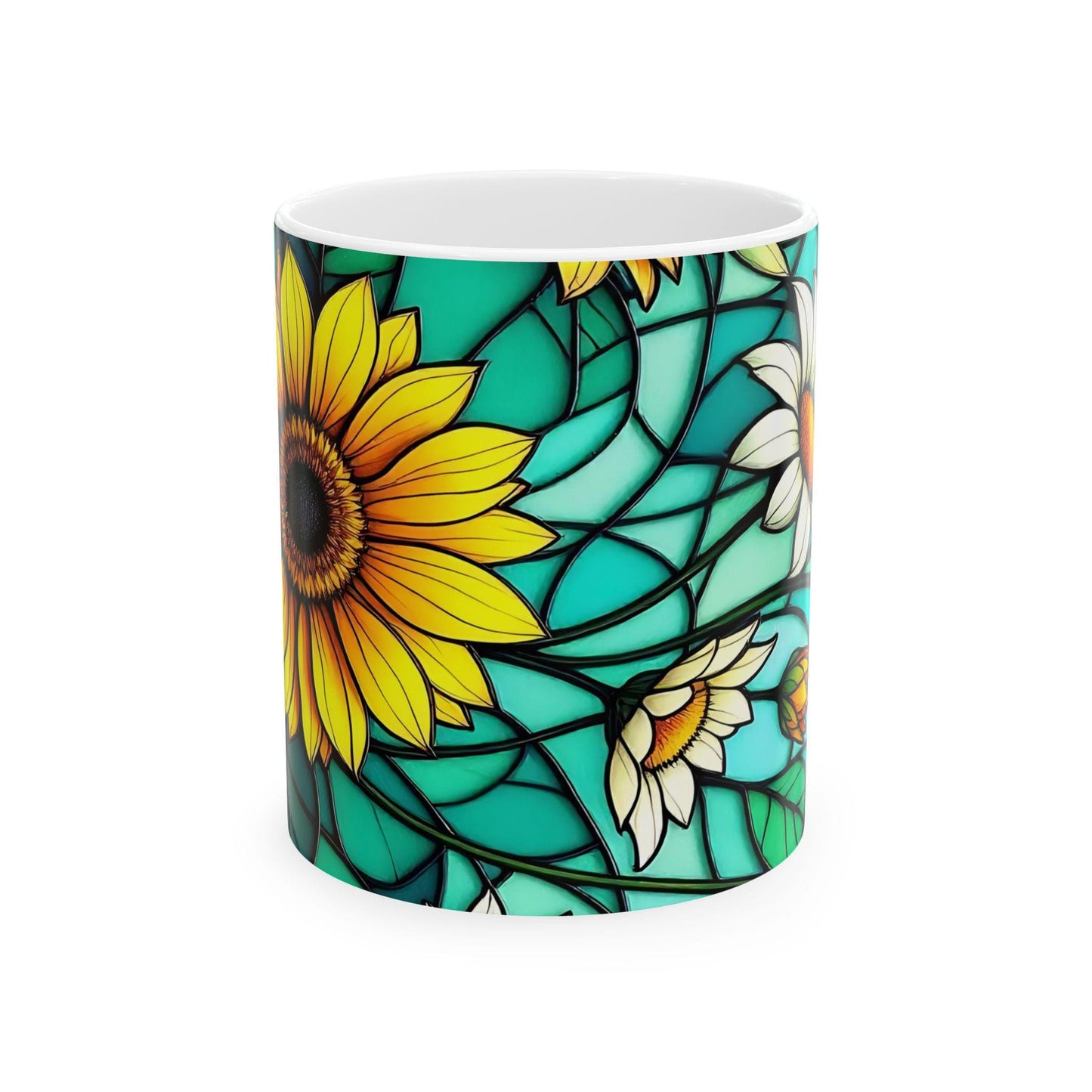 Vibrant Stained Glass Effect Sunflower Mug, Colorful Drinkware, Floral Pattern Mug, Stained Glass Mug