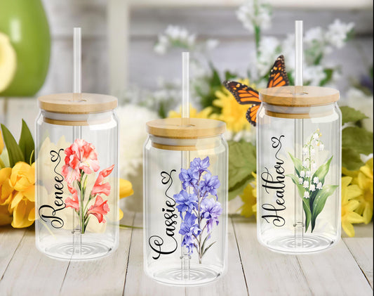Personalized Birth Month Flower Sipper Glass: 16oz, Floral Sipper Glass, Gift for Her